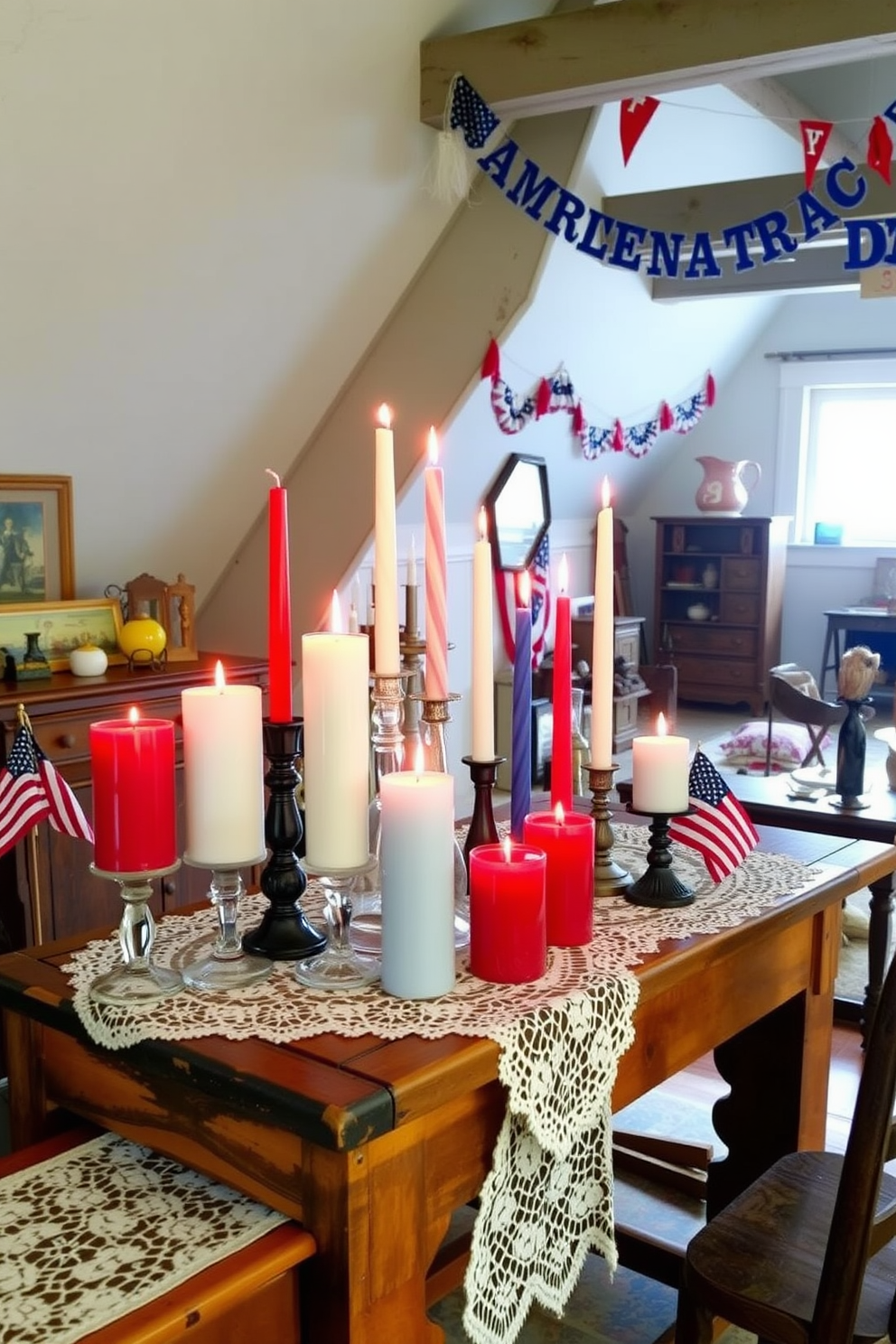 Independence Day themed candle arrangements. Picture a vibrant display of red white and blue candles of varying heights arranged on a rustic wooden table adorned with a white lace tablecloth. Independence Day Attic Decorating Ideas. Envision an attic space transformed with patriotic bunting draped along the rafters and vintage Americana decor pieces scattered throughout the room.