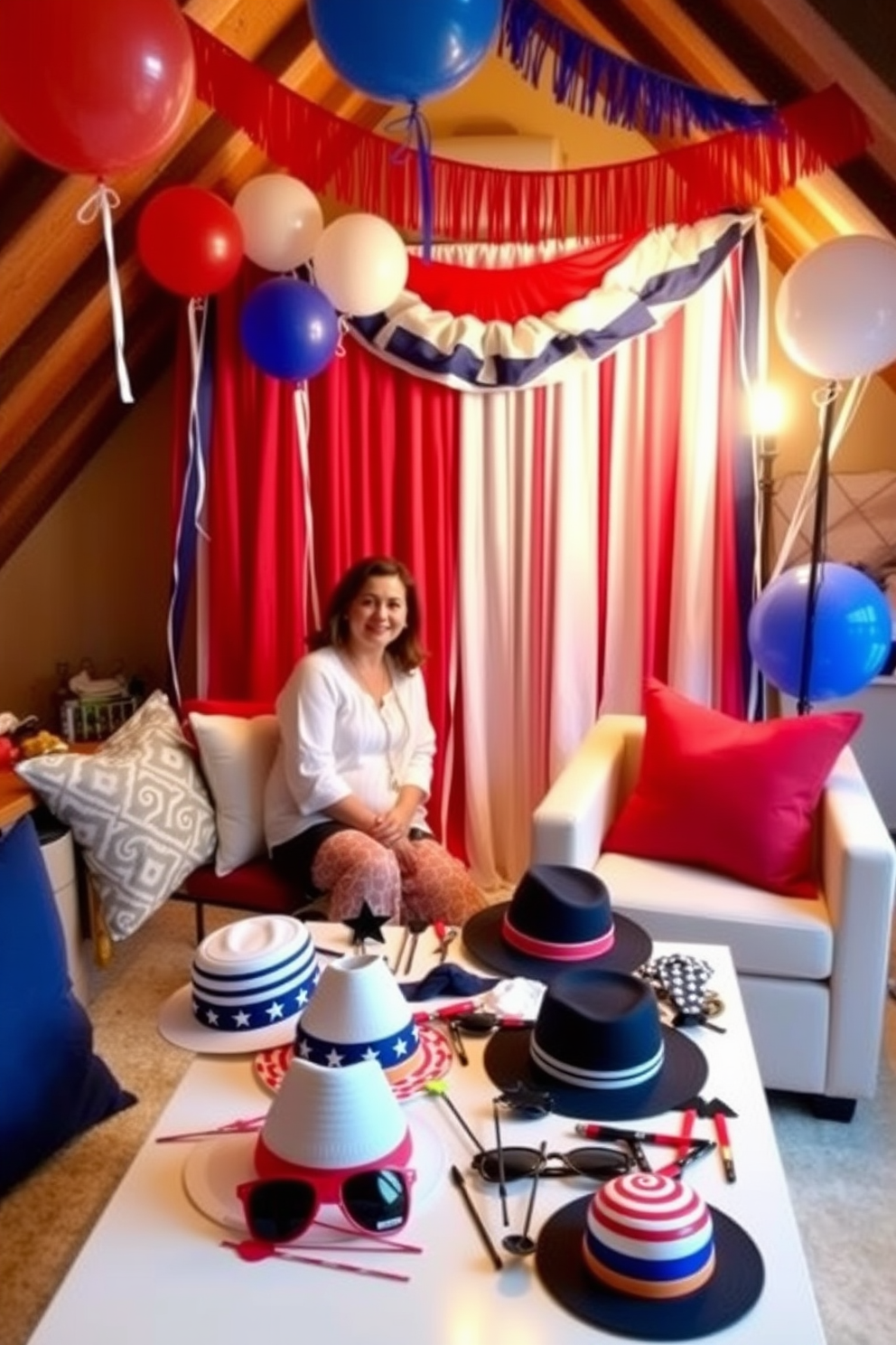 A creative photo booth setup celebrating Independence Day. The backdrop features red white and blue decorations with balloons and streamers while a variety of fun props like hats and sunglasses are arranged on a table for guests to enjoy. Attic decorating ideas for a cozy retreat. The space is transformed with soft lighting comfortable seating and decorative accents that reflect personal style creating an inviting atmosphere perfect for relaxation.