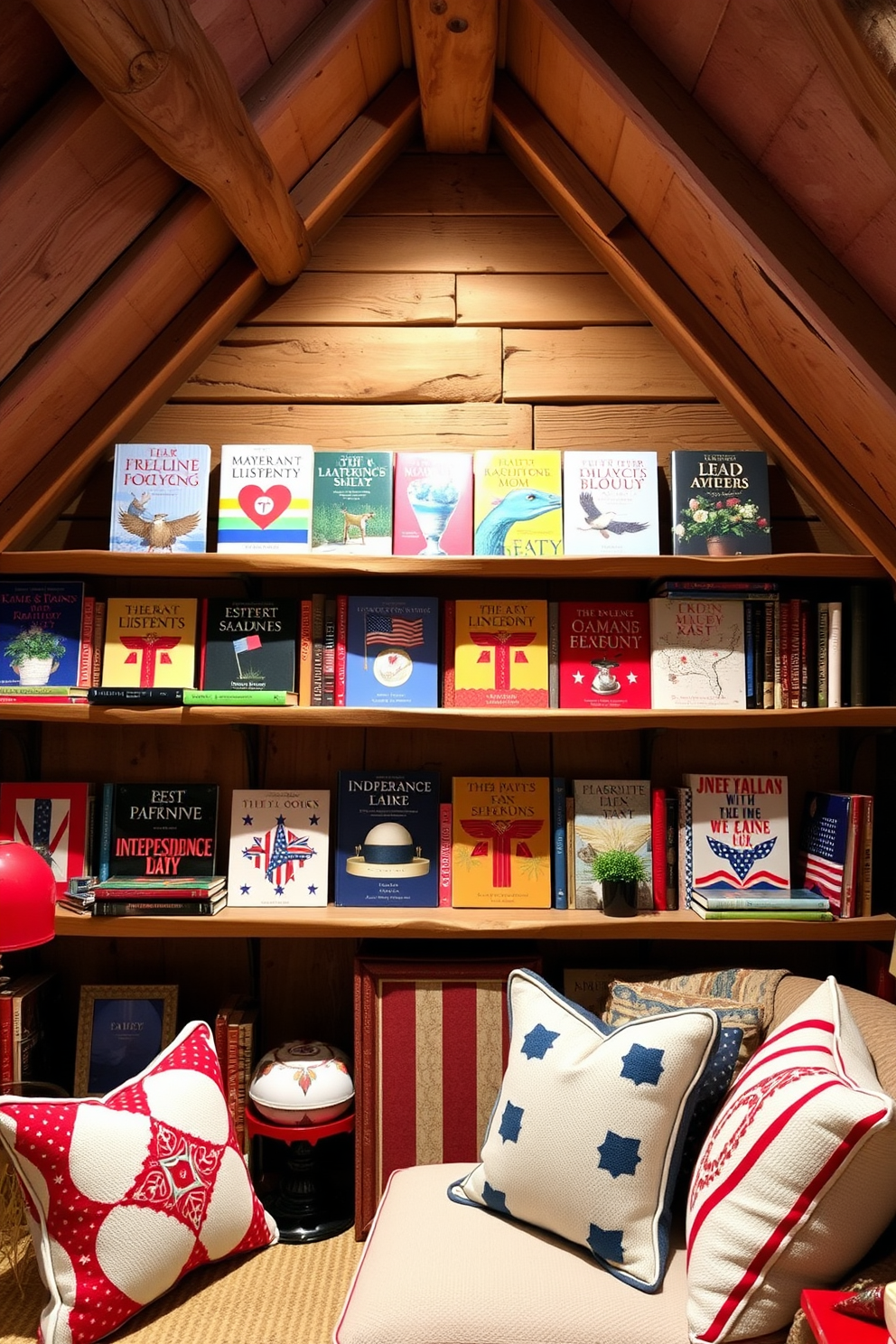 Seasonal books are artfully arranged on rustic wooden shelves, showcasing vibrant covers that celebrate the spirit of Independence Day. The warm, inviting ambiance of the attic is enhanced by soft, ambient lighting that highlights the unique character of the space. Red, white, and blue accents are woven throughout the decor, creating a festive atmosphere that honors the holiday. Cozy seating is incorporated into the design, providing a perfect nook for reading and relaxation amidst the charming attic setting.