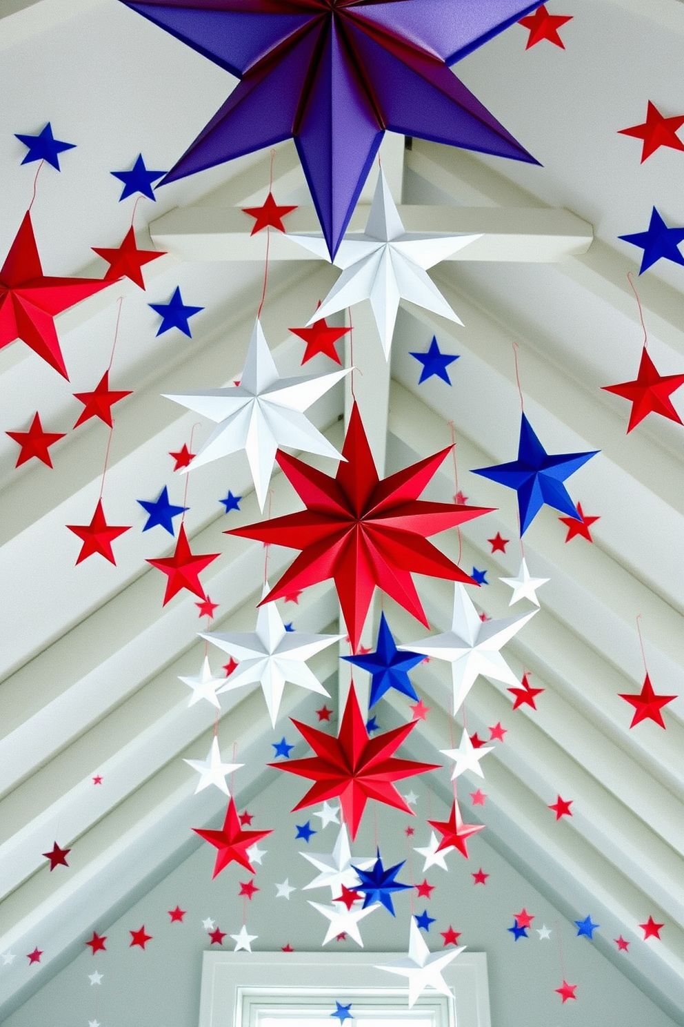 Create a festive attic space adorned with star-shaped hanging decorations in red white and blue. The decorations should be suspended from the ceiling creating a whimsical patriotic atmosphere perfect for Independence Day celebrations.