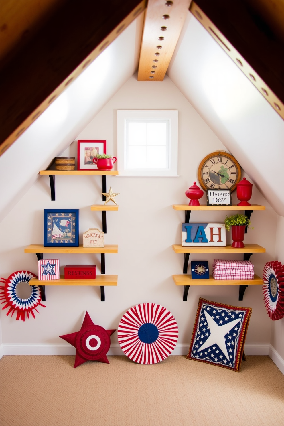 A cozy attic space adorned with wall-mounted shelves showcasing decorative accents. The shelves are filled with red white and blue themed decor celebrating Independence Day.