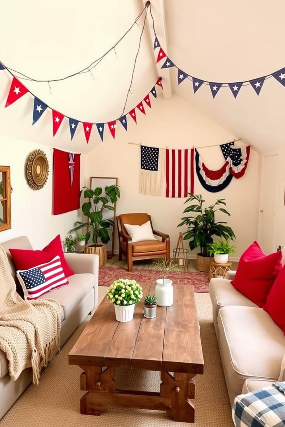 Cozy seating area with patriotic pillows. A plush sofa is adorned with red white and blue cushions while a woven throw blanket adds warmth to the space. The walls are painted in a soft cream color creating a bright and inviting atmosphere. A rustic coffee table made of reclaimed wood sits in the center surrounded by a few potted plants for a touch of greenery. Independence Day attic decorating ideas. Vintage flags and bunting are draped across the beams adding a festive touch to the space. A comfortable reading nook is created with a cozy armchair and a small side table. String lights are hung to create a warm ambiance perfect for celebrating the holiday.