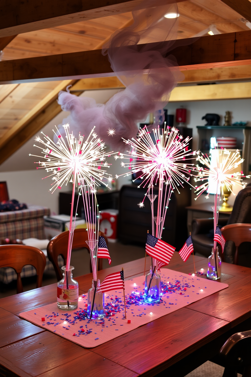 A collection of vibrant table centerpieces inspired by fireworks for Independence Day celebrations. Each centerpiece features an arrangement of colorful sparklers, star-shaped confetti, and miniature American flags, all set atop a rustic wooden table. A cozy and inviting attic space transformed into a charming retreat. The decor includes vintage furniture, soft lighting, and playful accents, with a color palette of warm neutrals and pops of red, white, and blue.