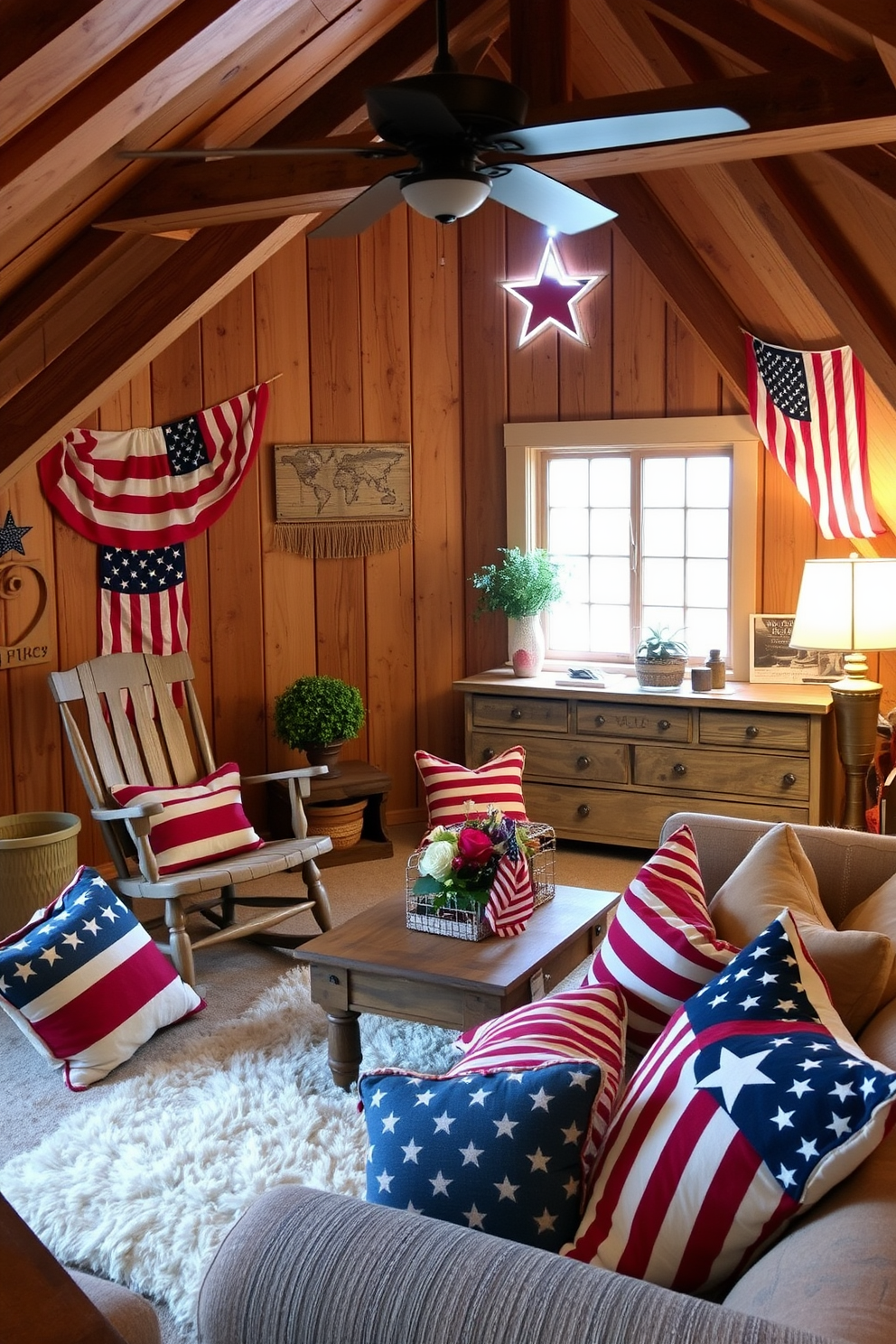 A cozy attic space decorated for Independence Day. The walls are adorned with rustic wood accents and flag motifs, creating a warm and inviting atmosphere. Vintage furniture pieces, such as a weathered wooden rocking chair and a reclaimed wood coffee table, complement the decor. Soft, patriotic throw pillows are scattered across a plush seating area, enhancing the festive spirit.