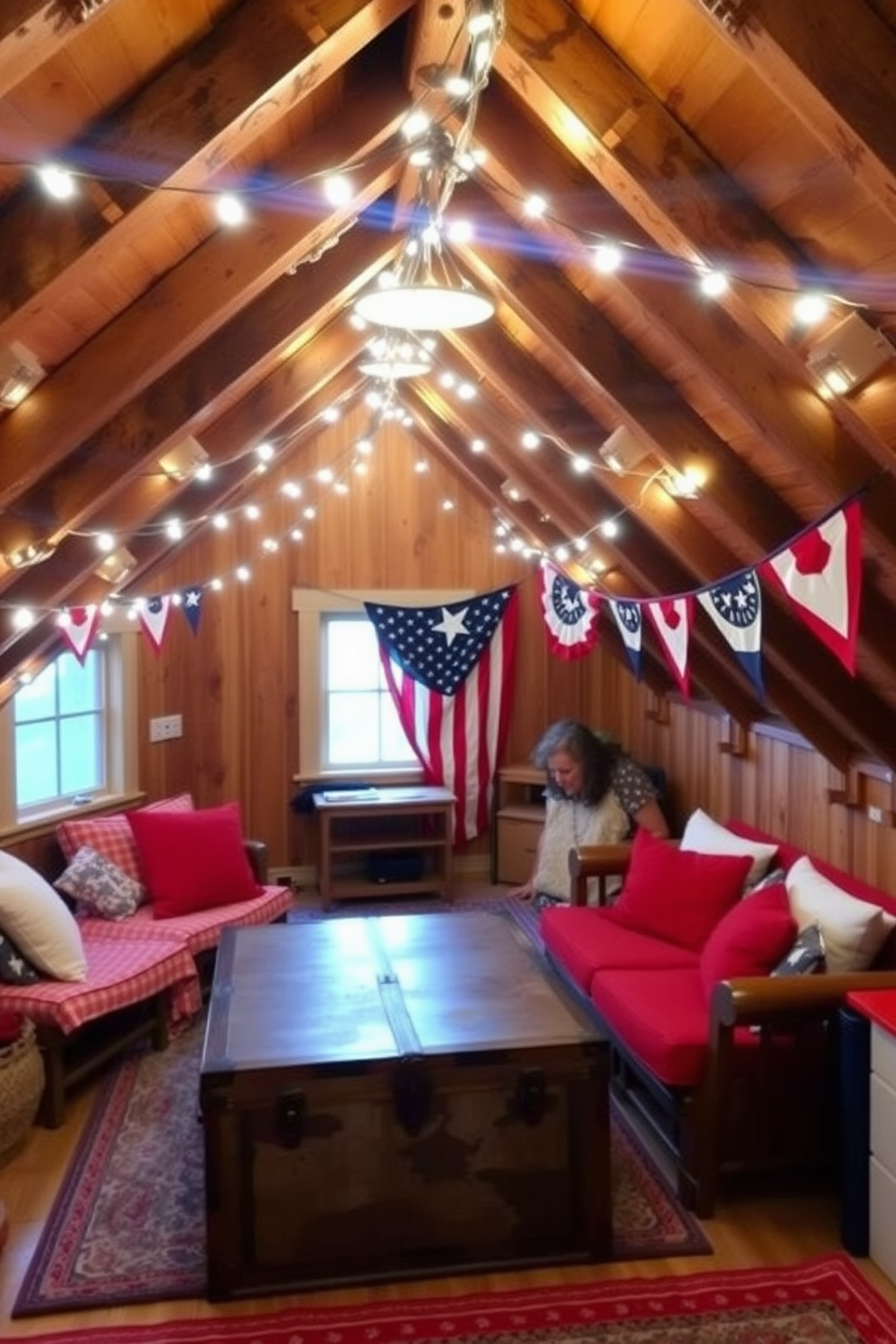 A cozy attic space adorned with string lights creates a festive ambiance for Independence Day celebrations. The soft glow of the lights highlights the rustic wooden beams and adds a cheerful touch to the patriotic decor. In one corner, a vintage trunk serves as a coffee table, surrounded by comfortable seating with red, white, and blue cushions. Bunting and flags drape along the walls, enhancing the festive atmosphere while maintaining a charming attic vibe.