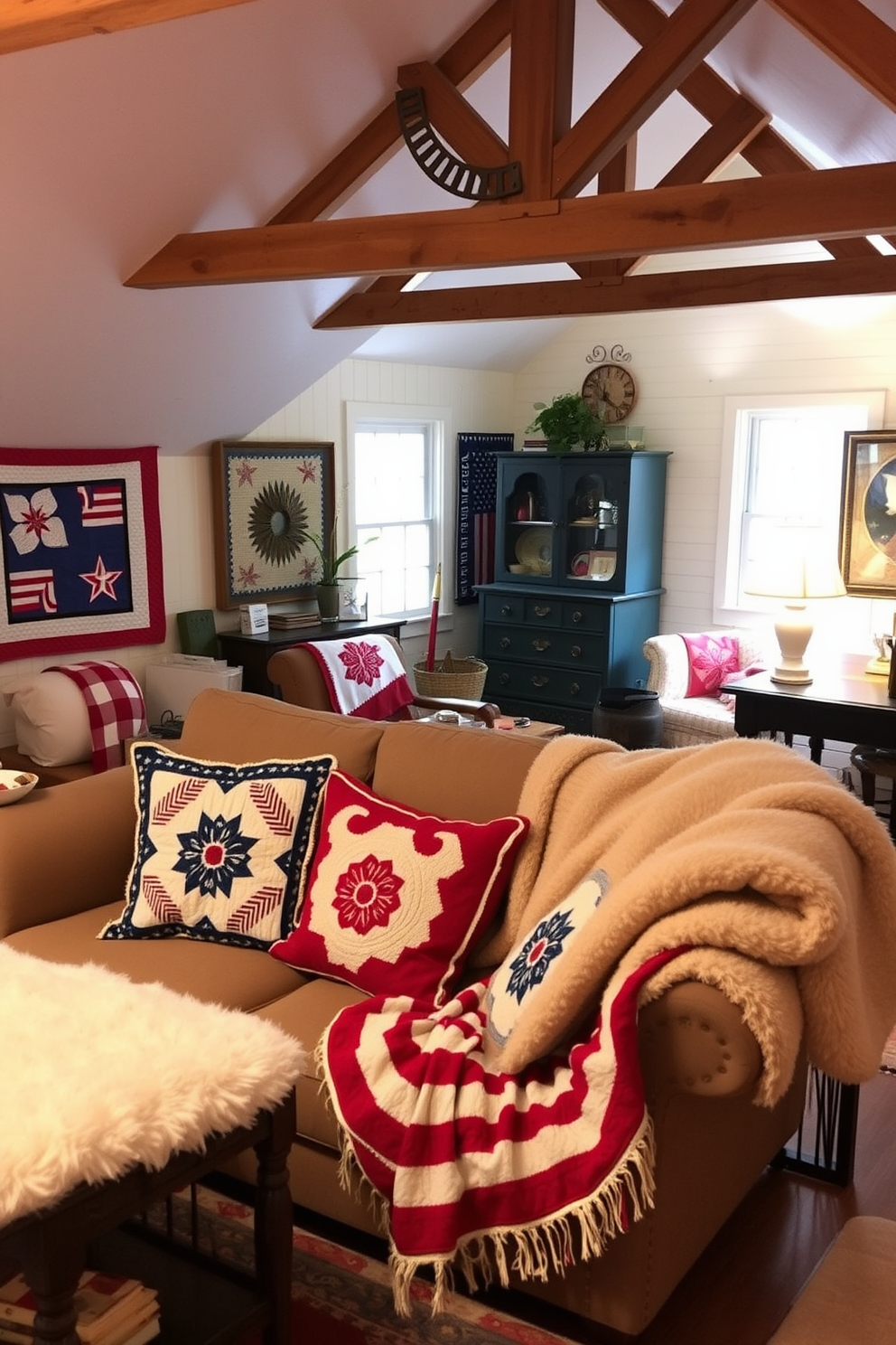 A cozy living space adorned with themed quilts and throws celebrating Independence Day. The quilts feature red white and blue patterns while plush throws are draped over a comfortable sofa inviting relaxation. An inviting attic transformed into a charming retreat. Vintage furniture pieces are arranged thoughtfully with soft lighting illuminating the space creating a warm and welcoming atmosphere.