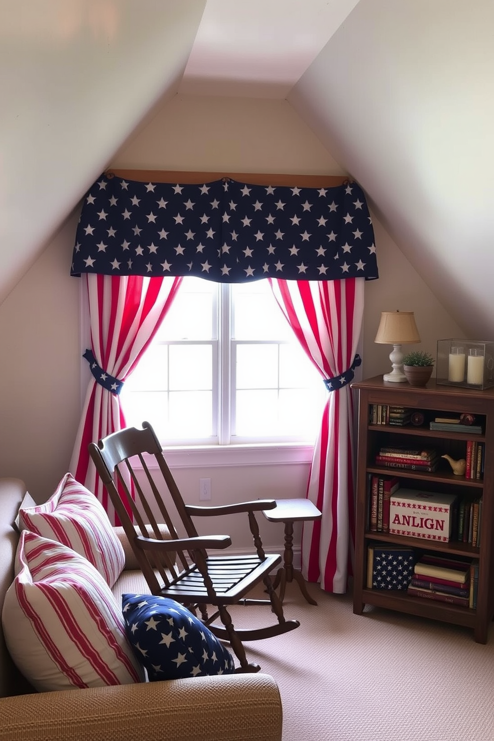 A cozy attic space adorned with stars and stripes themed window treatments creates a festive atmosphere for Independence Day. The windows are dressed with bold red and white striped curtains paired with blue star-patterned valances, adding a patriotic touch to the room. The attic features a comfortable seating area with a vintage wooden rocking chair and a small side table. Soft throw pillows in coordinating colors enhance the space, while a rustic bookshelf displays an array of Americana decor and books.