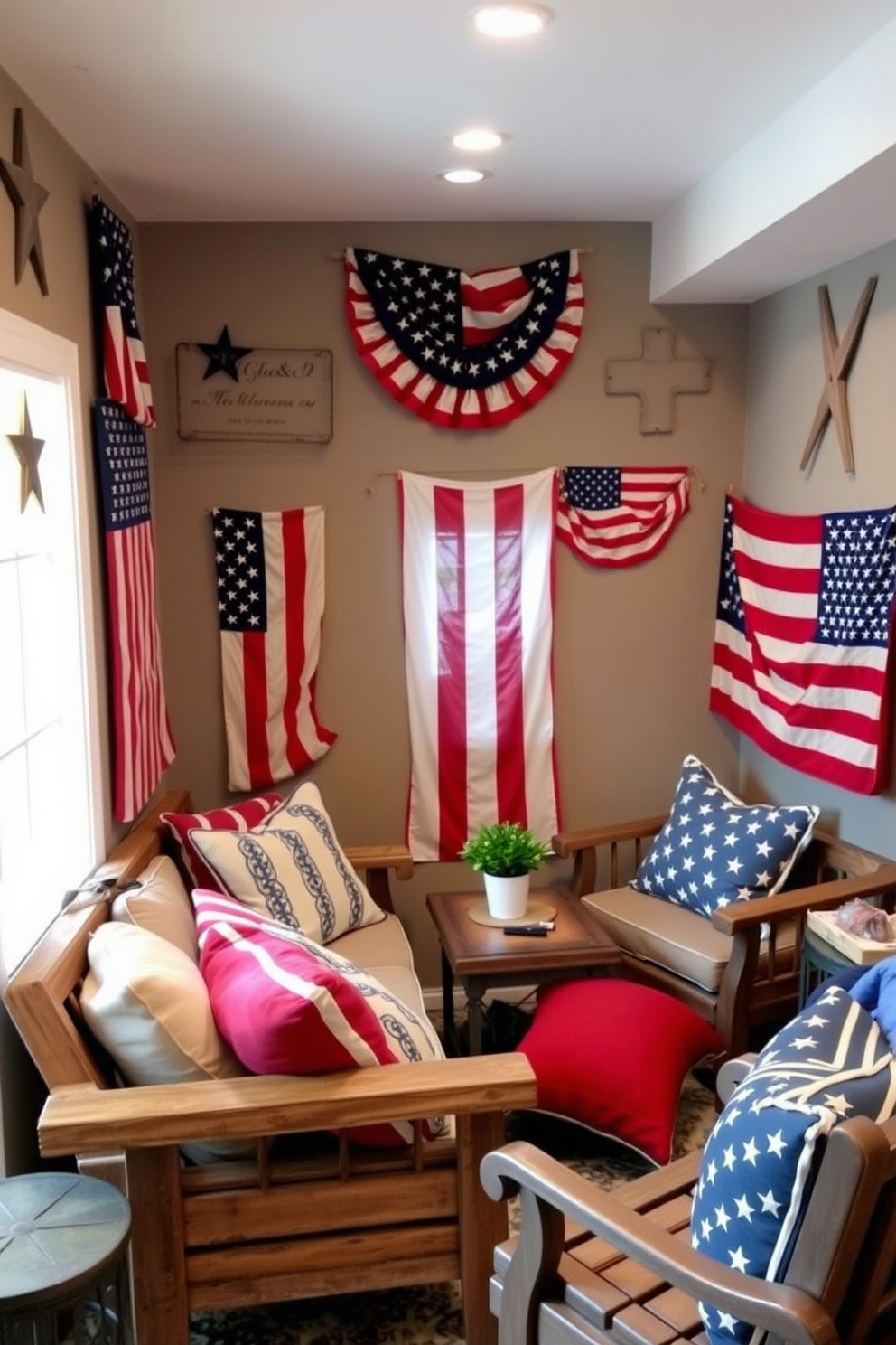 Create a cozy basement space decorated for Independence Day. The walls are adorned with vintage American flags in various sizes, creating a festive atmosphere. In the center, a comfortable seating area features a mix of rustic wooden furniture and plush cushions in red, white, and blue. Soft lighting illuminates the space, enhancing the warm and inviting feel perfect for celebrating the holiday.