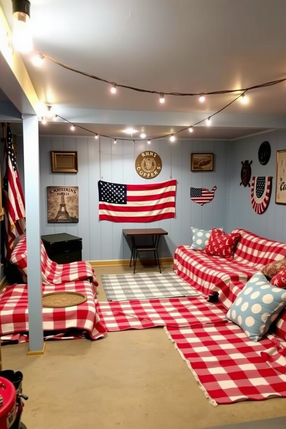 A cozy basement space adorned with vintage picnic blankets for seating creates a warm and inviting atmosphere. The walls are painted in a soft blue hue, and string lights hang from the ceiling, adding a festive touch for Independence Day celebrations.