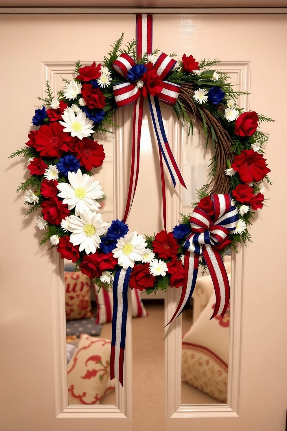 A patriotic wreath is elegantly hung on the basement door, featuring red white and blue flowers and ribbons that celebrate Independence Day. The basement is decorated with festive accents such as string lights and themed cushions to create a warm and inviting atmosphere.