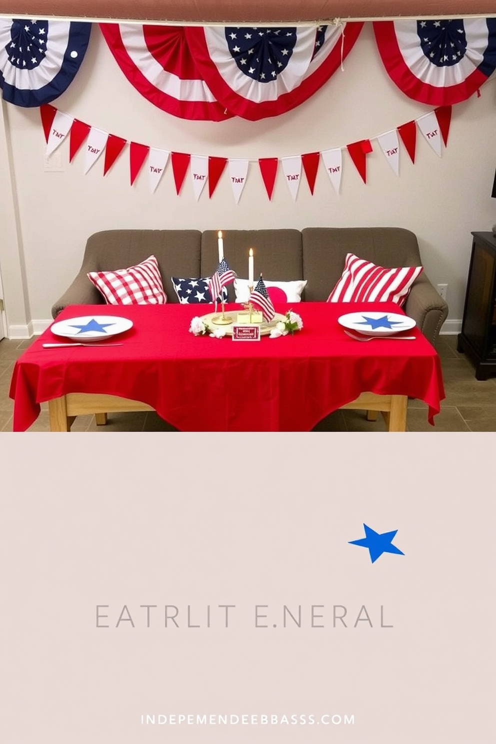 Independence Day themed table settings. A festive table is adorned with a vibrant red tablecloth and white plates featuring blue star accents. Independence Day Basement Decorating Ideas. The basement is transformed with patriotic bunting draped along the walls and a cozy seating area featuring red, white, and blue throw pillows.