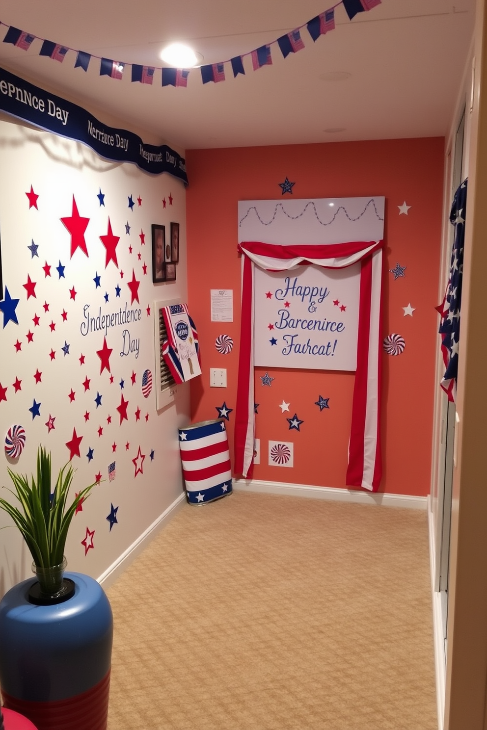 A cozy basement space decorated for Independence Day features vibrant wall decals and stickers that celebrate the holiday. The walls are adorned with stars and stripes, while a festive color palette of red, white, and blue creates a cheerful atmosphere.