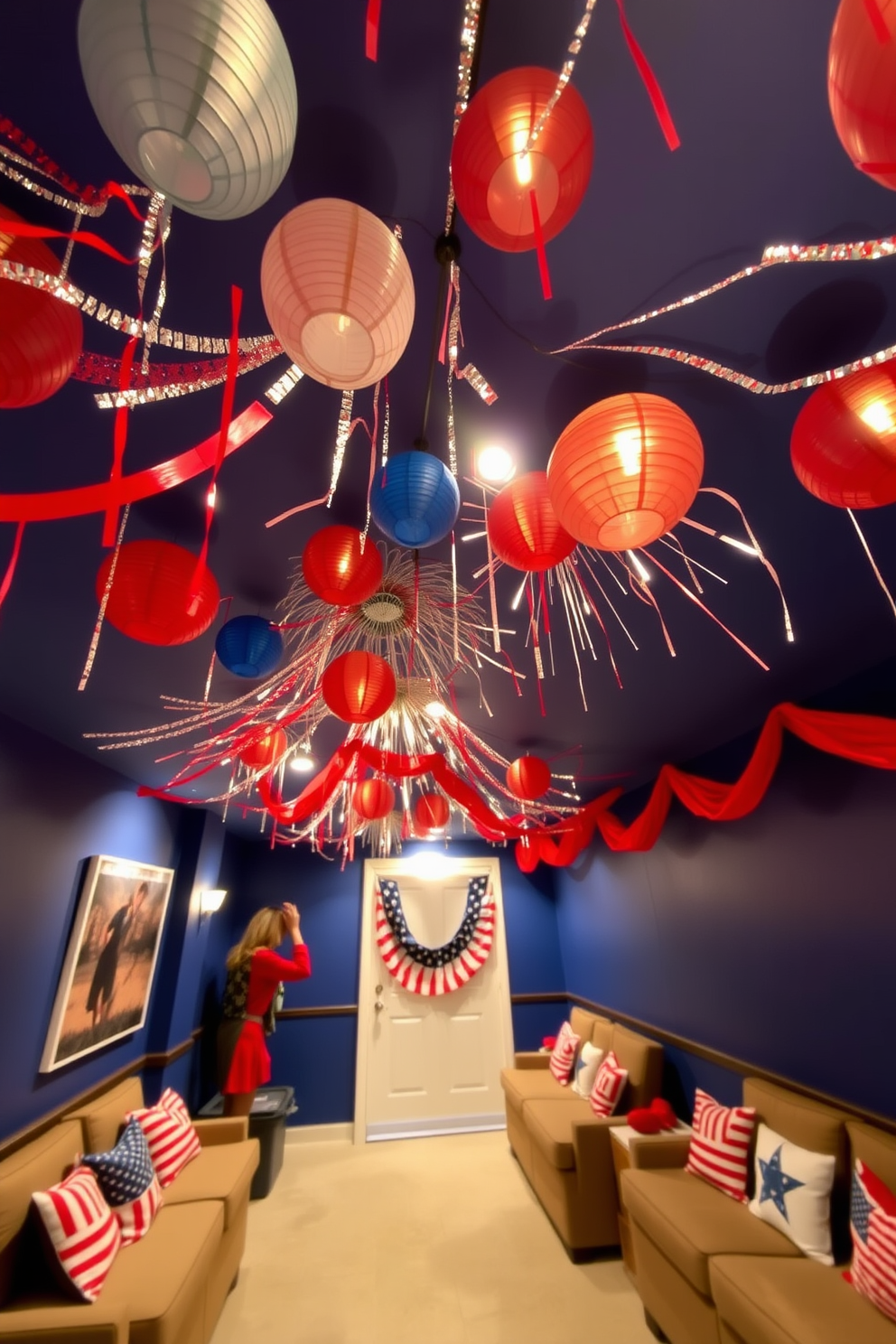 A vibrant basement space adorned with ceiling decorations inspired by fireworks for Independence Day. The ceiling is festooned with colorful paper lanterns and shimmering streamers that evoke the excitement of a fireworks display. The walls are painted in a deep blue hue, while red and white accents create a festive atmosphere. Comfortable seating arrangements with patriotic-themed cushions invite guests to relax and enjoy the celebration.