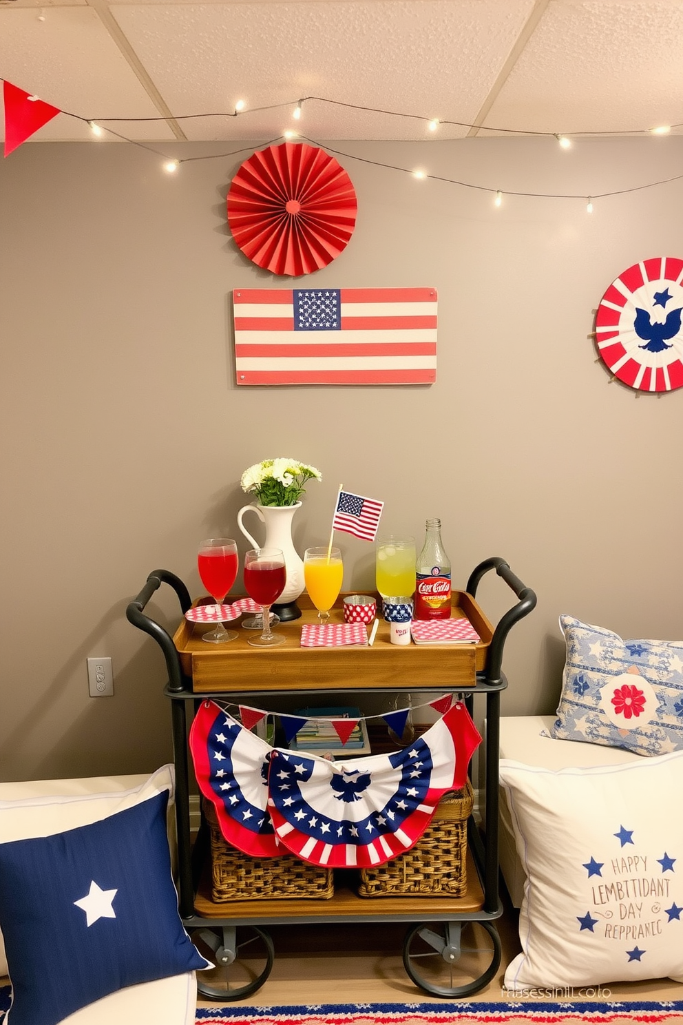 A patriotic themed drink station setup for Independence Day features a rustic wooden bar cart adorned with red white and blue decorations. Glasses filled with colorful beverages and a large pitcher of lemonade sit atop the cart alongside festive napkins and a small American flag centerpiece. The basement is decorated with string lights and bunting that enhance the celebratory atmosphere. Cozy seating arrangements with themed cushions invite guests to relax and enjoy the festivities.