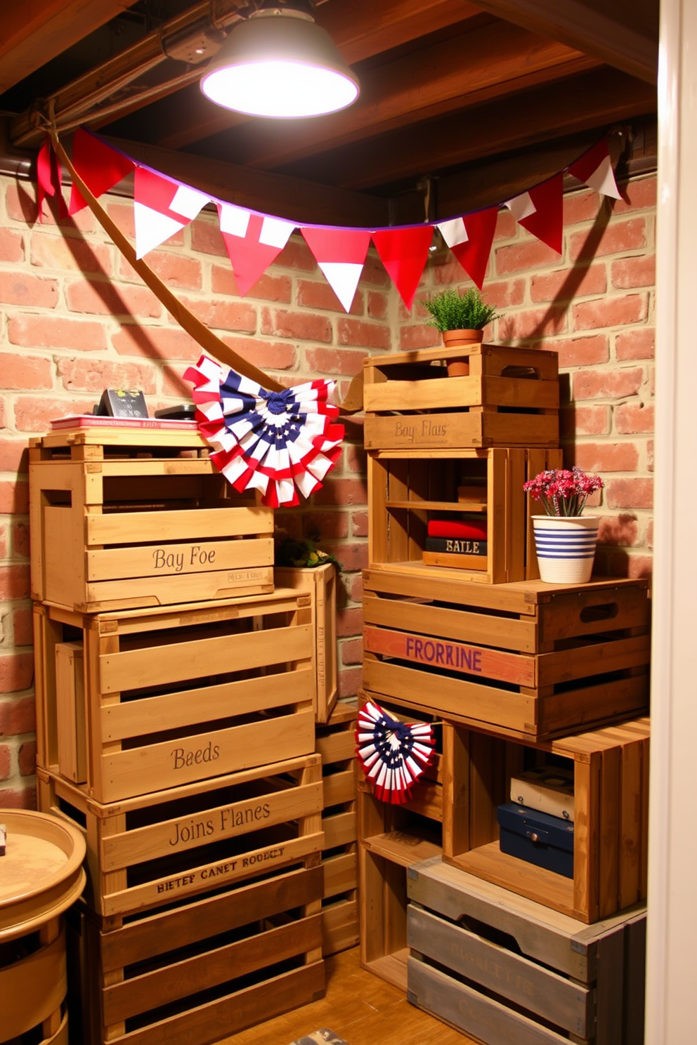 Vintage crates are stacked in a cozy basement corner, serving as both storage and decorative elements. The warm wood tones of the crates complement the exposed brick walls, creating a welcoming atmosphere for Independence Day celebrations. Red, white, and blue accents are added through festive decorations, including bunting draped across the ceiling. Soft lighting enhances the rustic charm, making the space perfect for gathering with friends and family.