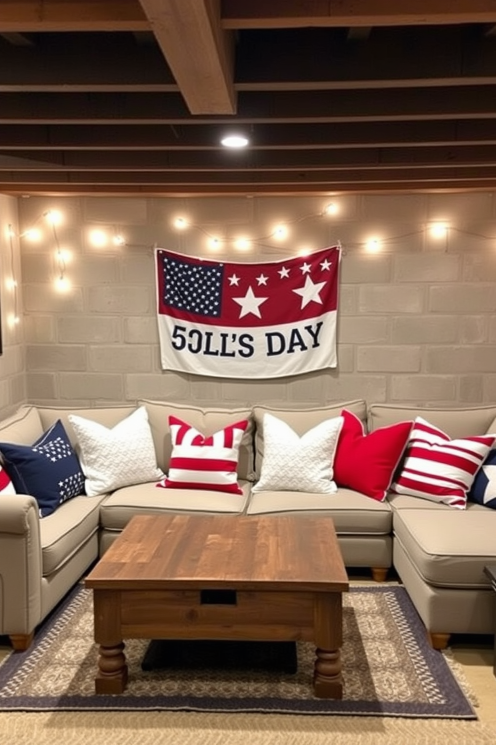 Create a cozy basement space decorated for Independence Day. Incorporate a sectional sofa adorned with red white and blue throw pillows that evoke a festive atmosphere. Add a rustic wooden coffee table in the center of the room to complement the seating area. Use string lights along the walls and a patriotic banner to enhance the celebratory theme.