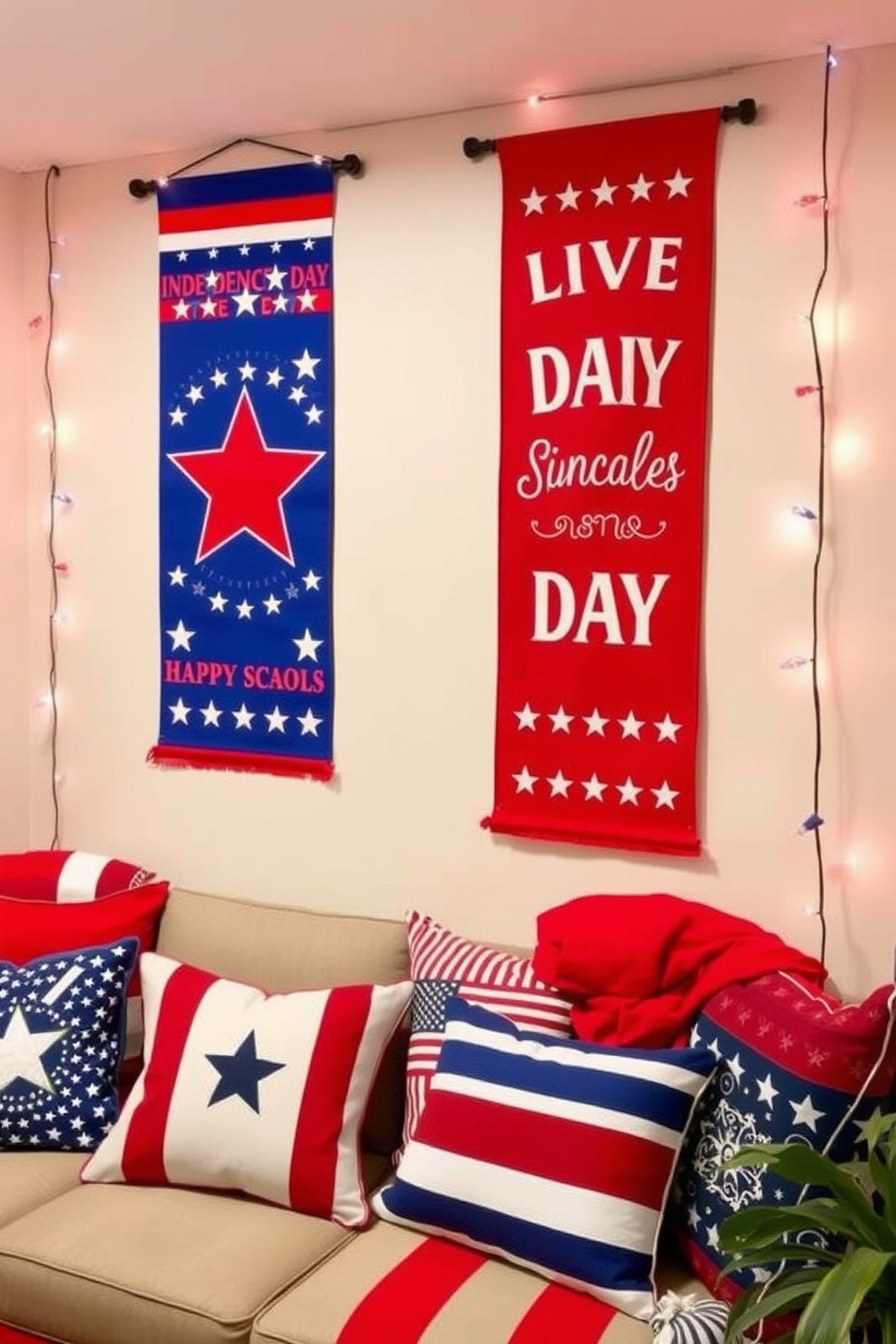 Independence Day themed wall banners featuring vibrant red white and blue colors. The banners display stars and stripes along with patriotic messages creating a festive atmosphere. Independence Day basement decorating ideas include hanging string lights in red white and blue. Add themed cushions and blankets to create a cozy gathering space for celebrations.