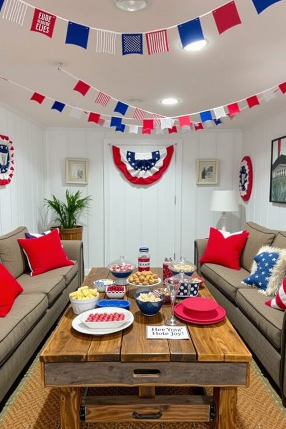 A festive basement space decorated for Independence Day features a cozy seating area with red white and blue themed snacks arranged on a rustic wooden table. Colorful bunting hangs from the ceiling while patriotic cushions adorn the sofas, creating a cheerful atmosphere for celebration.