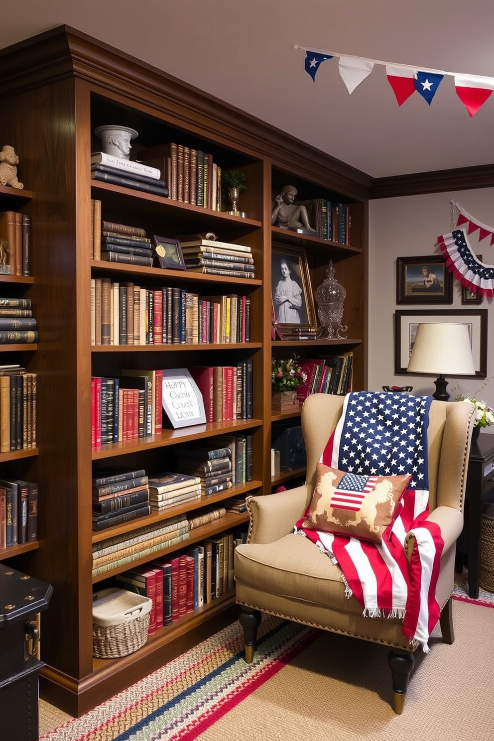 A cozy basement space inspired by Americana features a large wooden bookshelf filled with classic novels and decorative items celebrating Independence Day. Red, white, and blue accents are woven throughout the decor, including a vintage flag draped over the arm of a comfortable chair and festive bunting hanging from the ceiling.