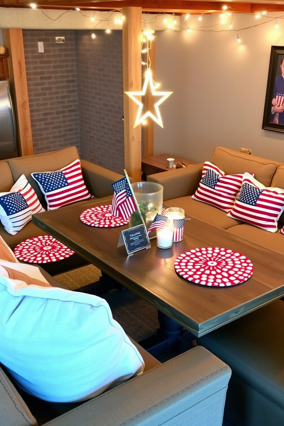 Create a cozy basement space decorated for Independence Day. Include patriotic themed coasters and placemats featuring red white and blue designs on a rustic wooden table surrounded by comfortable seating. Incorporate elements like string lights in the shape of stars and stripes to enhance the festive atmosphere. Add decorative pillows with American flag motifs and a small display of fireworks-themed centerpieces on the table.