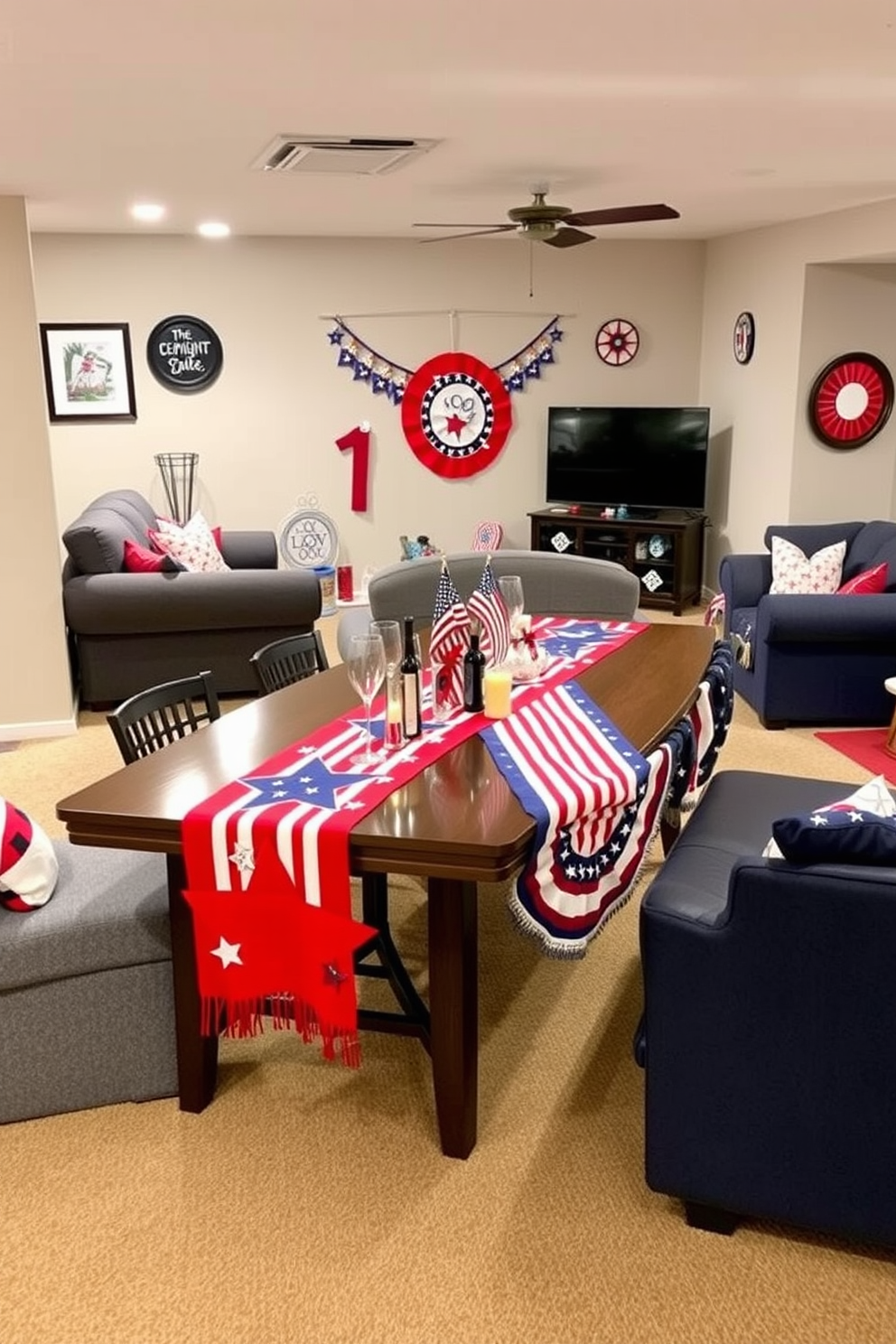 A festive basement setting for Independence Day. The table is adorned with stars and stripes table runners that create a vibrant and patriotic atmosphere. Red white and blue decorations are strategically placed around the room. Comfortable seating is arranged to encourage gathering and celebration.