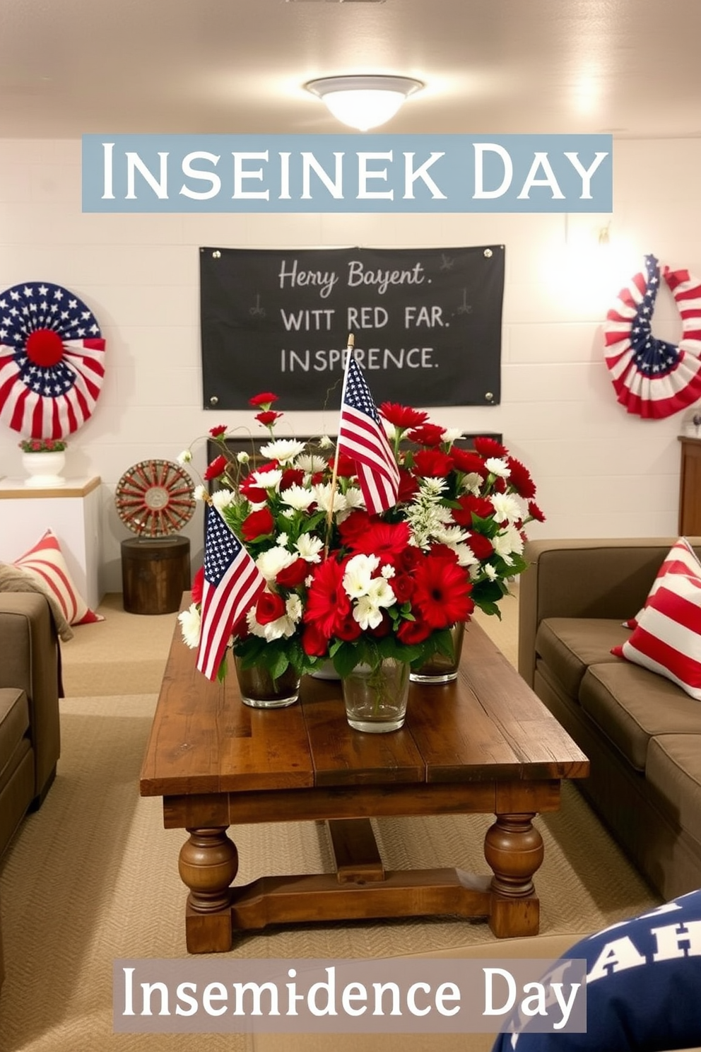 A festive basement space adorned with red white and blue flower arrangements to celebrate Independence Day. The arrangements are placed on a rustic wooden table surrounded by comfortable seating that invites relaxation and enjoyment.