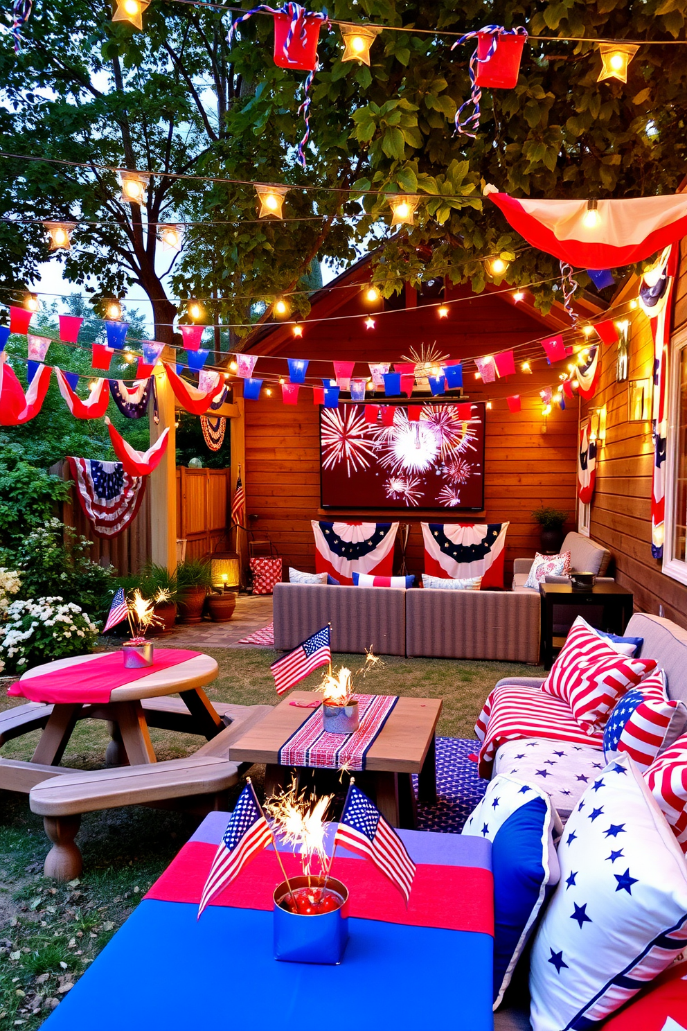 A vibrant outdoor space set up for Independence Day celebrations. Colorful decorations in red, white, and blue adorn the area, with picnic tables featuring festive tablecloths and centerpieces made of small flags and sparklers. The basement is transformed into a patriotic retreat, with walls draped in bunting and string lights creating a warm glow. Comfortable seating is arranged around a large screen for watching fireworks, complemented by themed cushions and blankets for added coziness.