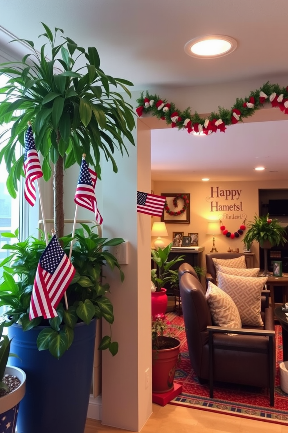 Decorative flags are placed in vibrant potted plants, creating a festive atmosphere for Independence Day celebrations. The flags add a pop of color and a sense of patriotism to the greenery, enhancing the overall decor. In the basement, cozy seating areas are arranged to encourage relaxation and social gatherings. Warm lighting and playful decorations create an inviting space that reflects the spirit of the holiday.