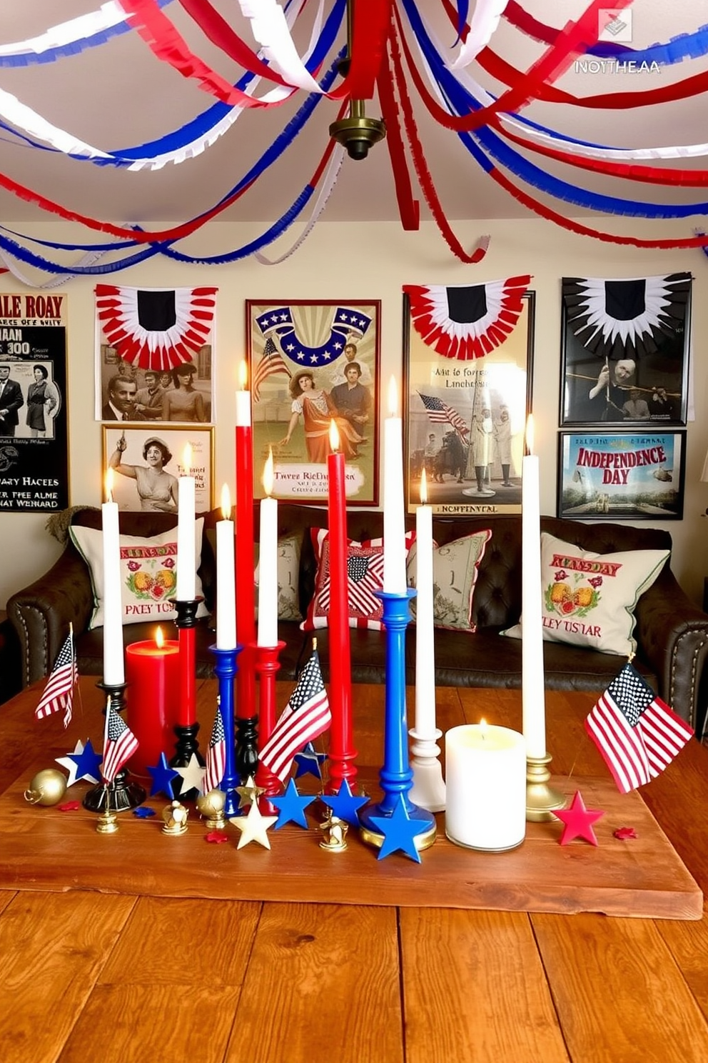 Independence Day themed candle displays featuring an array of red white and blue candles of varying heights arranged on a rustic wooden table. Surrounding the candles are small American flags and decorative stars creating a festive atmosphere. Independence Day basement decorating ideas that incorporate patriotic colors with red white and blue streamers draped from the ceiling. Vintage posters of past Independence Day celebrations adorn the walls alongside cozy seating arrangements with themed throw pillows.