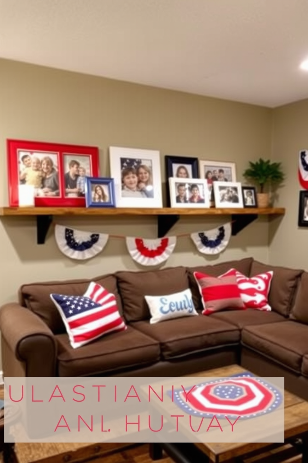 Festive photo frames displaying family pictures are arranged artfully along a wooden shelf. The frames are adorned with red white and blue accents reflecting the spirit of Independence Day. The basement is decorated with a cozy seating area featuring a plush sectional sofa and a rustic coffee table. Patriotic-themed throw pillows and colorful banners add a festive touch to the space.