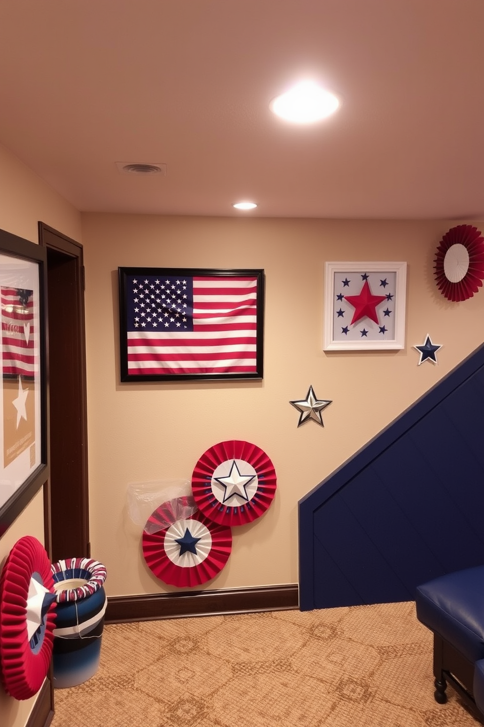 A patriotic themed basement features wall art celebrating Independence Day. The walls are adorned with vibrant red white and blue decorations including framed prints of the American flag and stars.