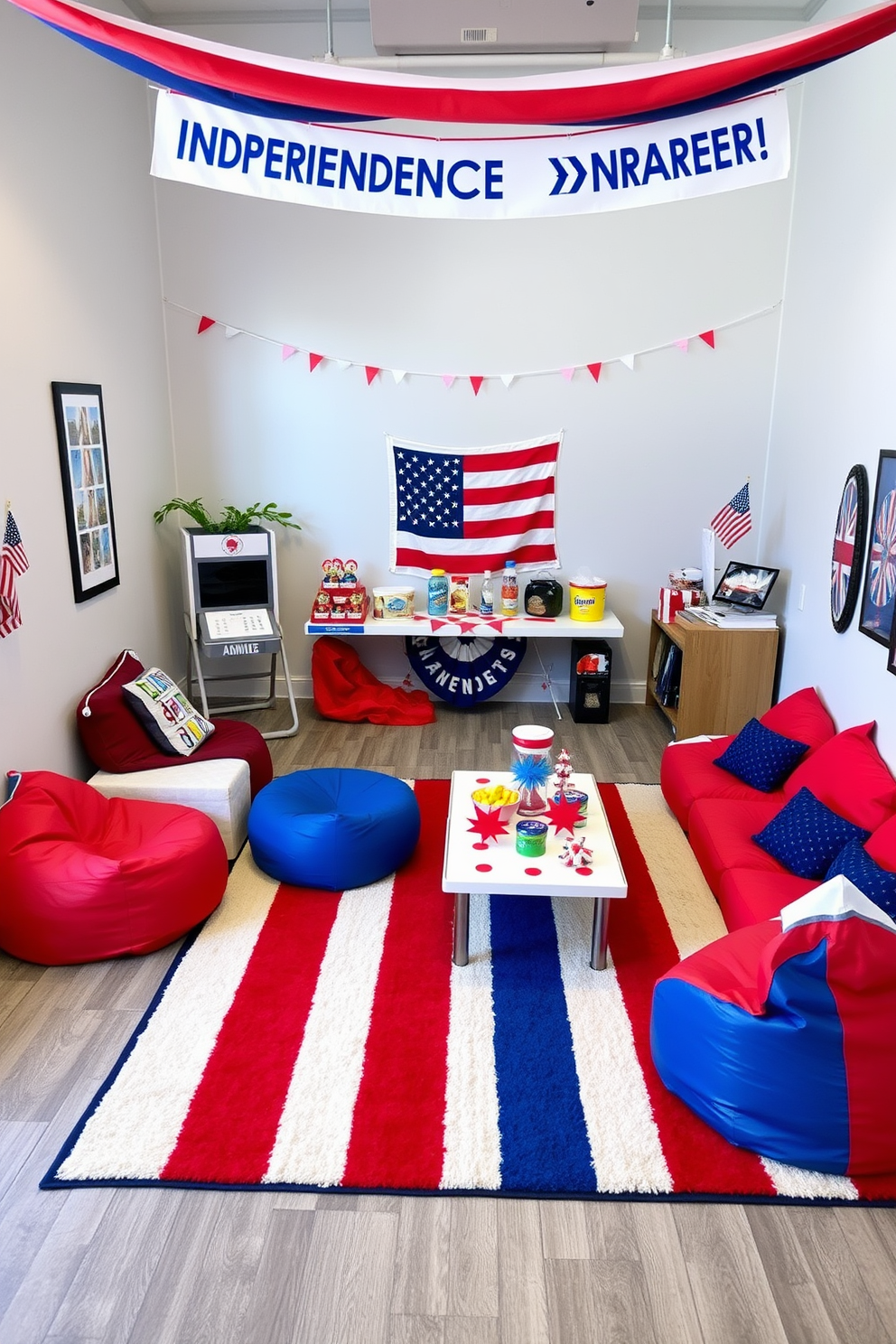 A vibrant games corner designed for Independence Day celebrations. The space features a large red, white, and blue rug that anchors the area, with a variety of patriotic-themed games set up for guests to enjoy. Colorful bean bags in red and blue provide comfortable seating, while a festive banner hangs overhead. A table adorned with themed snacks and drinks completes the festive atmosphere, inviting everyone to join in the fun.