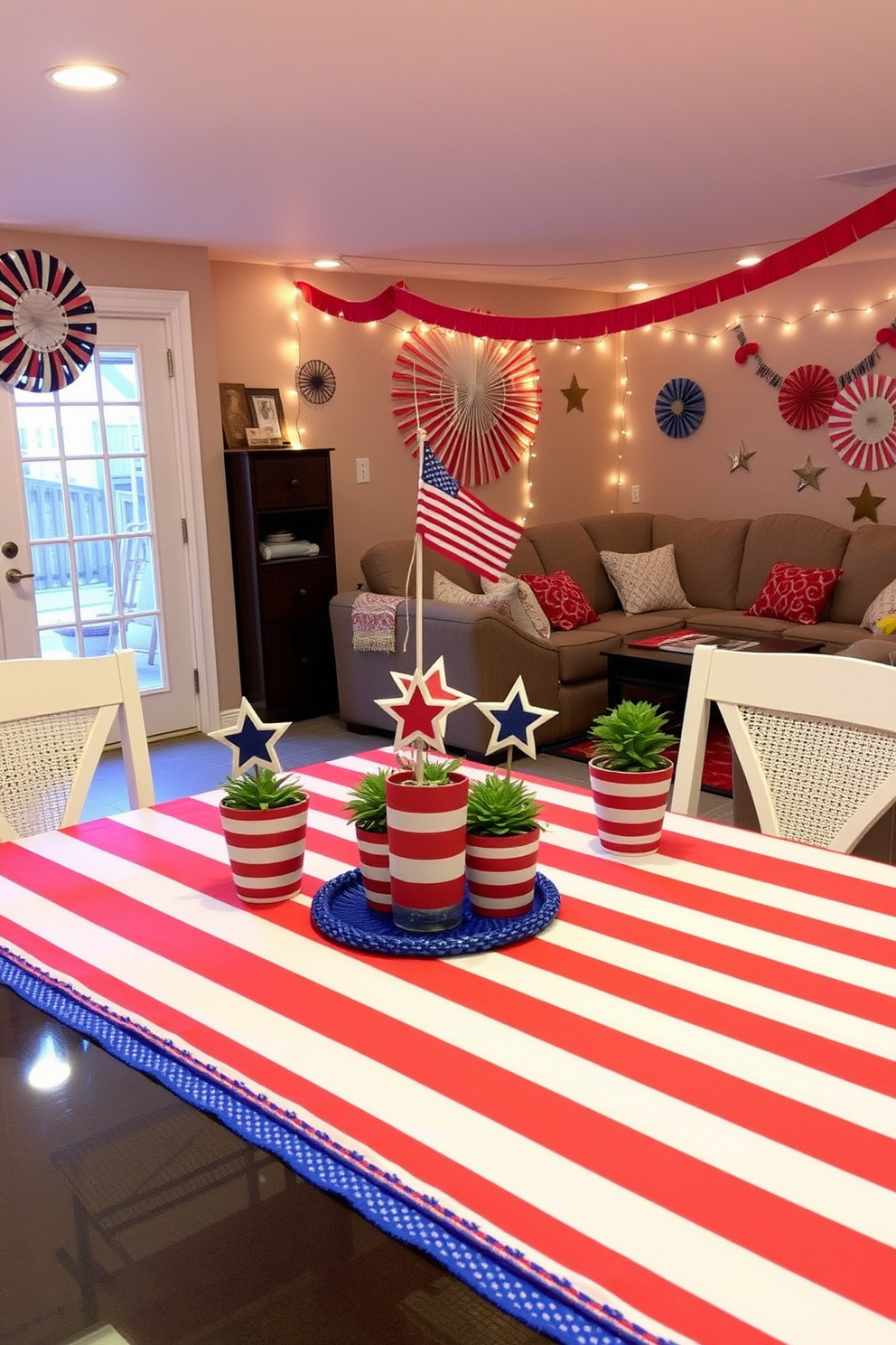 A festive table centerpiece featuring red and white striped tablecloth adorned with blue accents. Atop the table, small potted plants shaped like stars and stripes create a patriotic atmosphere for Independence Day celebrations. The basement is transformed into a cozy gathering space with comfortable seating and string lights. Red, white, and blue decorations hang on the walls, enhancing the festive spirit while providing a welcoming environment for family and friends.