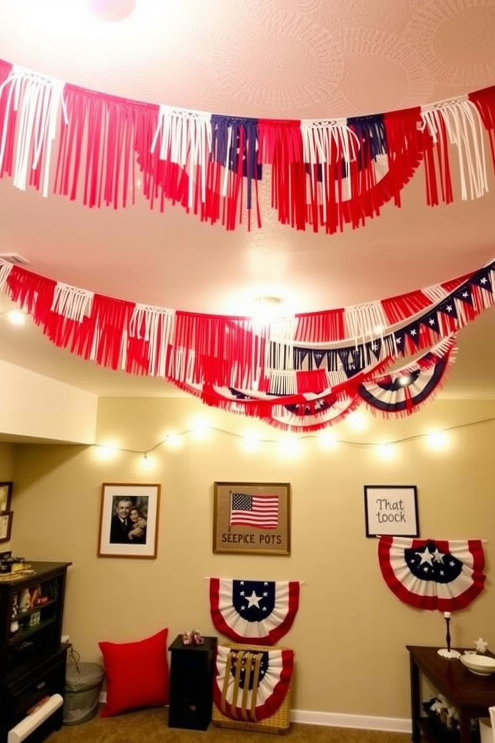 A festive basement space decorated for Independence Day features DIY red white and blue bunting draped across the ceiling. The walls are adorned with patriotic artwork and string lights create a warm ambiance, inviting friends and family to celebrate together.