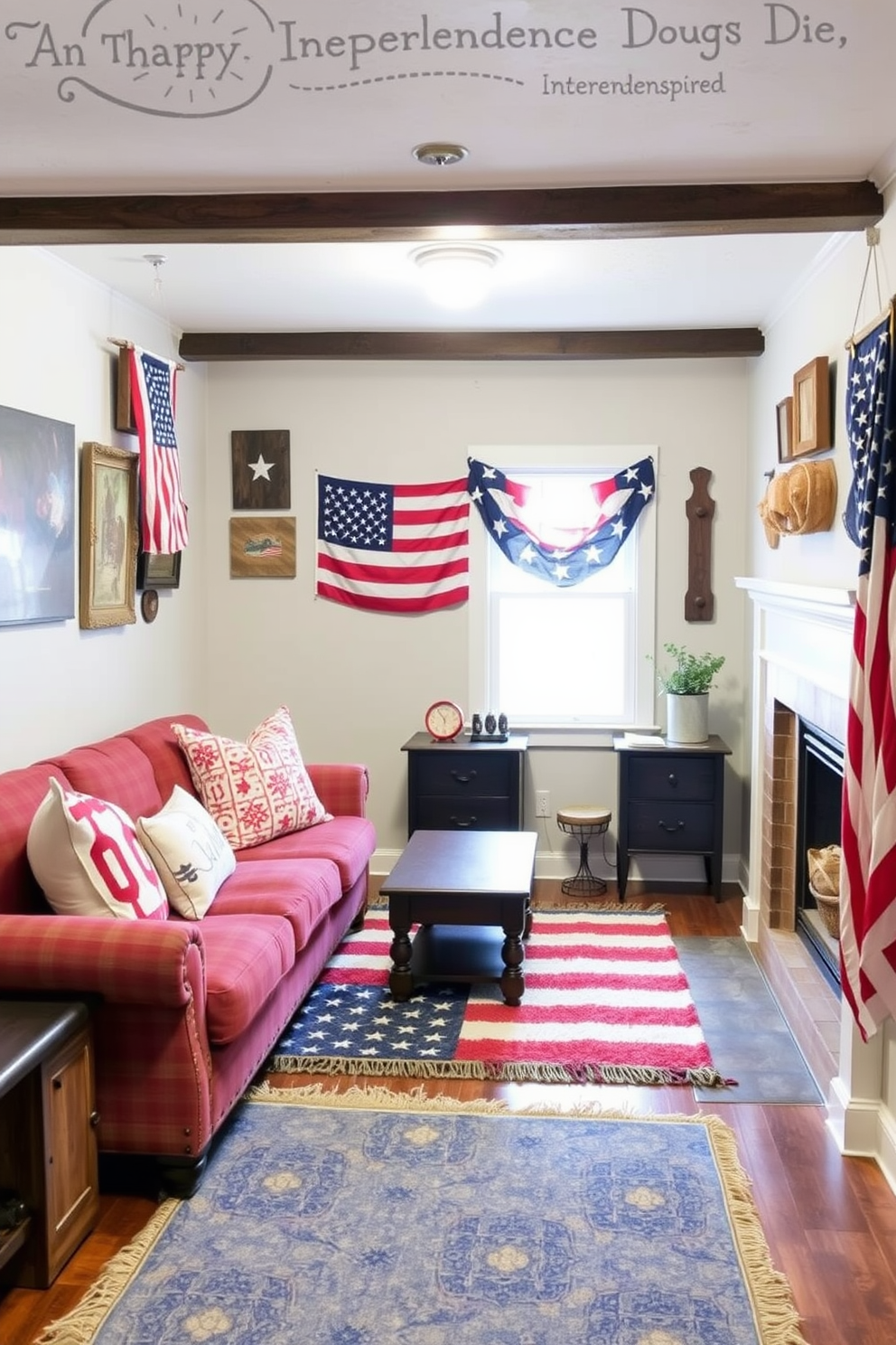 A cozy basement decorated for Independence Day features Americana inspired area rugs that showcase red white and blue patterns. The space is adorned with vintage flags and rustic wooden accents creating a warm and inviting atmosphere.