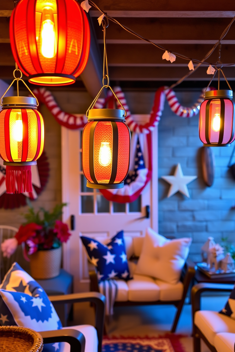 Create a cozy basement space decorated for Independence Day. Hang festive lanterns in red, white, and blue, casting a warm glow throughout the room.