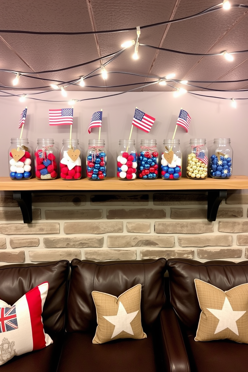 Decorative mason jars filled with red white and blue items are arranged on a rustic wooden shelf. Each jar features a small flag attached to its neck creating a festive atmosphere for Independence Day. The basement is styled with cozy seating areas adorned with patriotic throw pillows. Strings of lights are draped across the ceiling adding warmth and charm to the space.