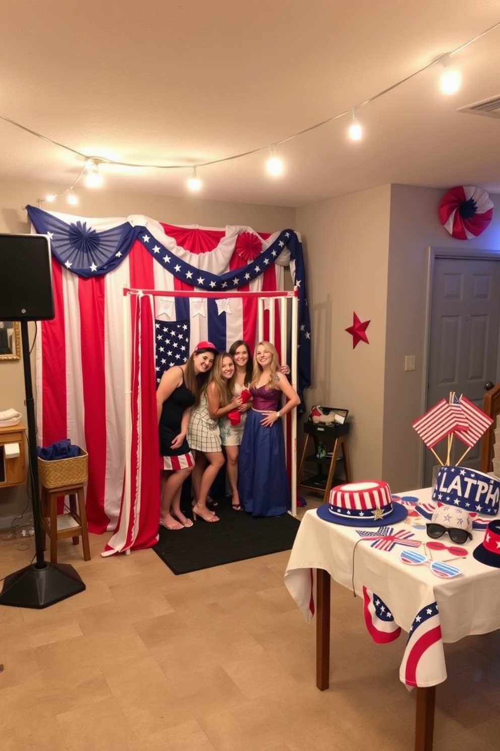 A festive Fourth of July themed photo booth is set up in a spacious basement. Red white and blue decorations adorn the walls with a backdrop featuring stars and stripes for an authentic Independence Day feel. A collection of patriotic props including hats and sunglasses are arranged on a nearby table. String lights hang overhead creating a warm inviting atmosphere perfect for celebrating the holiday.