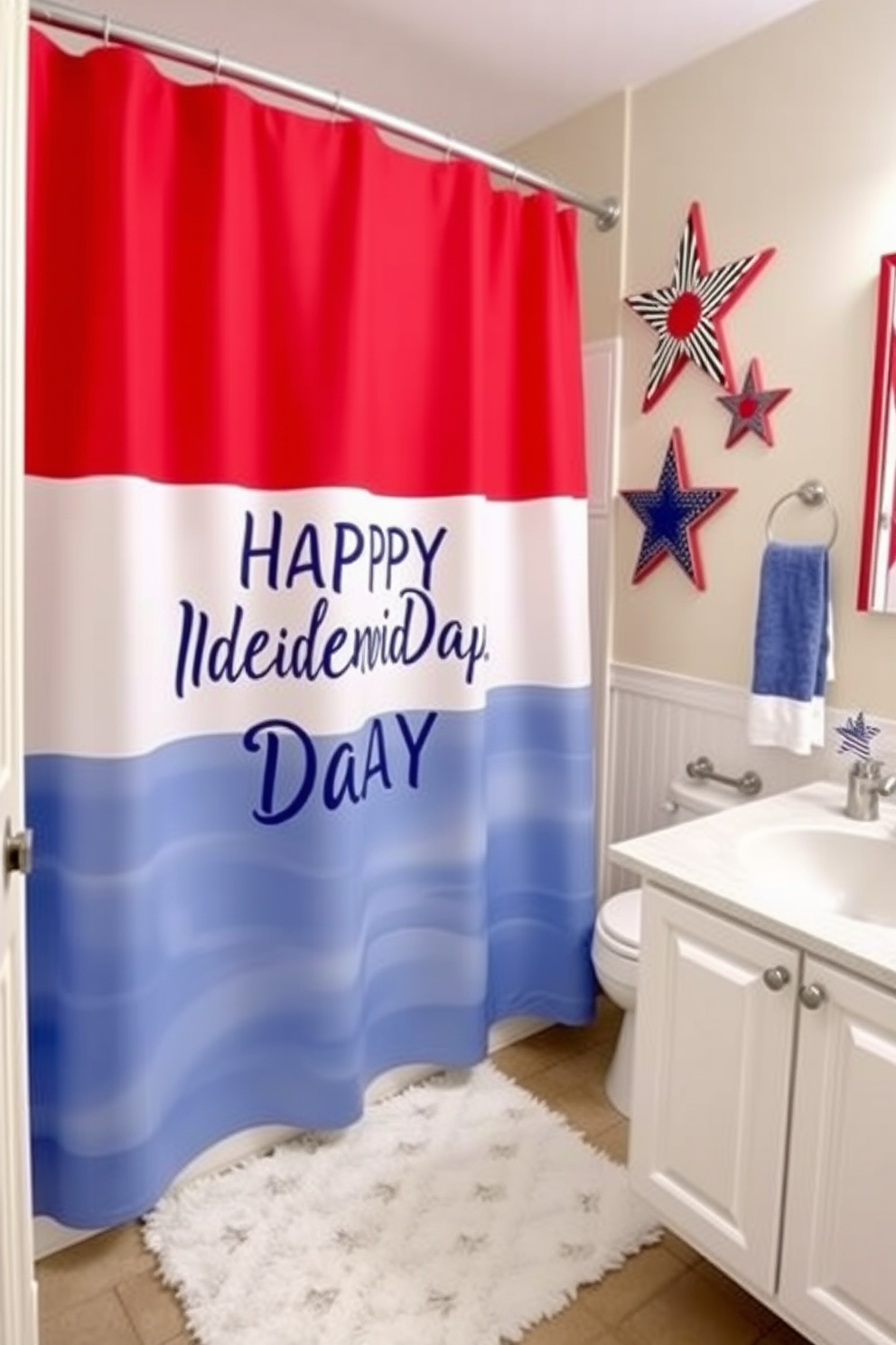 A vibrant bathroom featuring a red white and blue shower curtain that celebrates Independence Day. The walls are adorned with patriotic-themed decor, and the floor is covered with a soft white rug for added comfort.