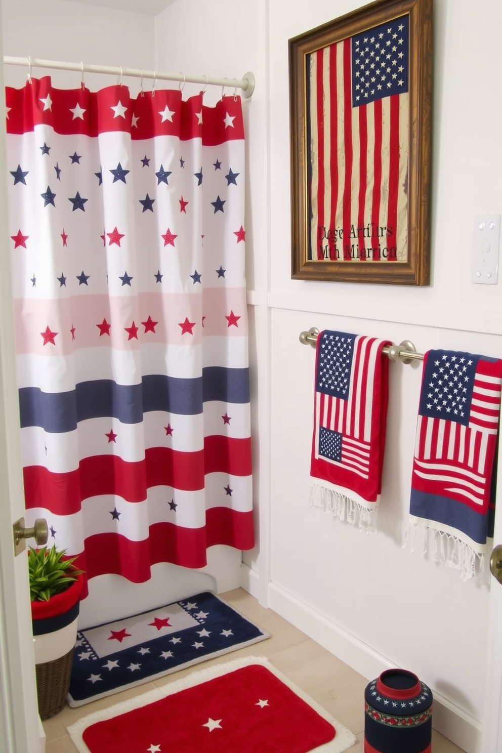 A patriotic themed bathroom setting featuring a collection of red white and blue bath accessories. The accessories include a shower curtain with stars and stripes a matching bath mat and decorative towels displaying the American flag. The walls are painted in a soft white color to enhance the festive decor. A small potted plant adds a touch of greenery to the space while a vintage American flag framed on the wall serves as a focal point.