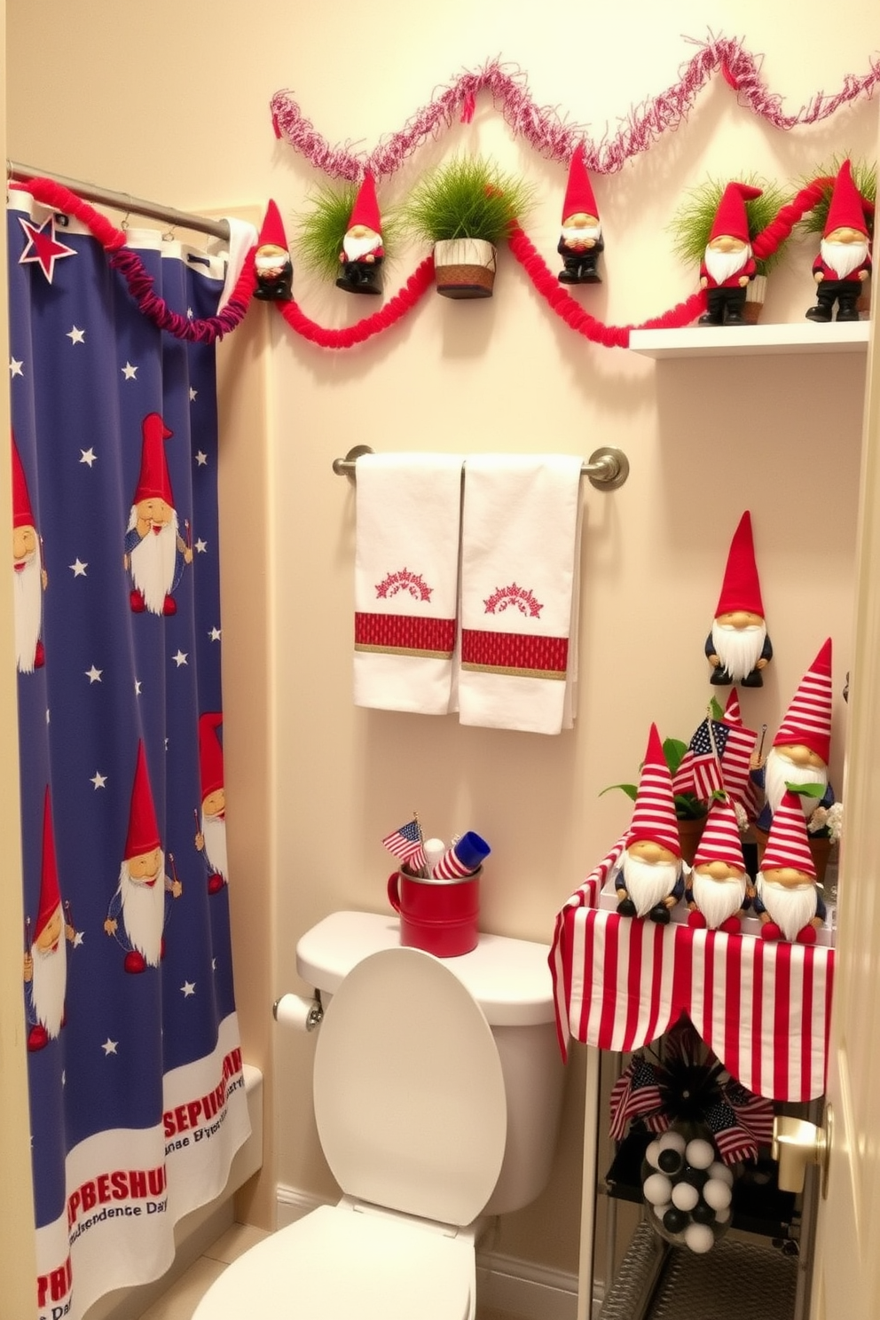 Create a whimsical bathroom setting adorned with gnome decorations celebrating Independence Day. The walls are decorated with red, white, and blue accents, featuring gnome figurines wearing patriotic hats and holding miniature flags. Incorporate festive towels with gnome patterns and a shower curtain showcasing a vibrant Independence Day theme. A decorative shelf displays potted gnomes surrounded by stars and stripes, enhancing the holiday spirit in the space.