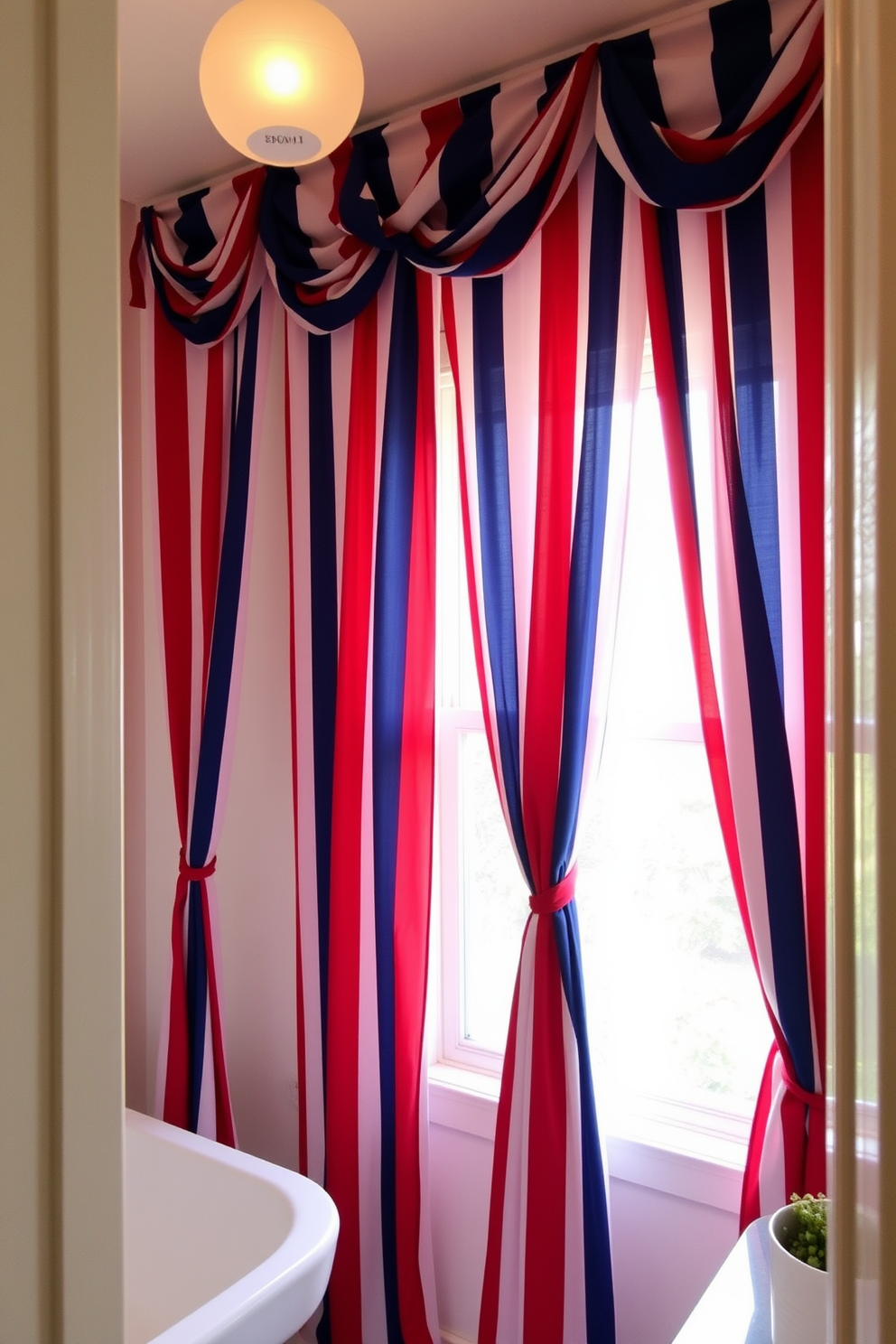 A bright bathroom adorned with red white and blue striped curtains that cascade elegantly from the ceiling. The curtains frame a large window allowing natural light to illuminate the space, creating a festive atmosphere perfect for Independence Day celebrations.