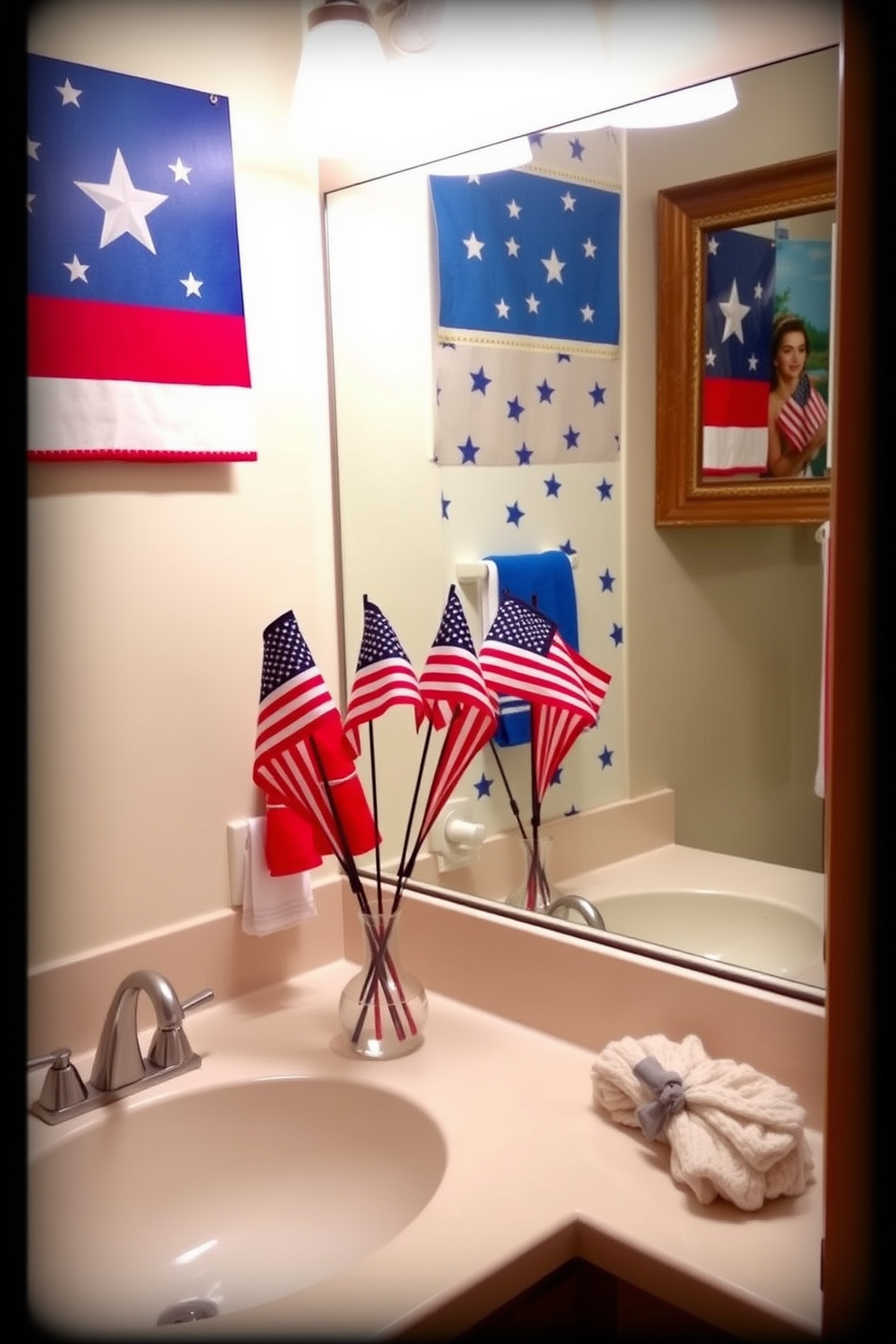 Create a festive bathroom setting for Independence Day. Place miniature American flags in decorative vases on the countertop to celebrate the holiday. Use a color palette of red white and blue for towels and accessories. Incorporate star patterned shower curtains and patriotic wall art to enhance the theme.