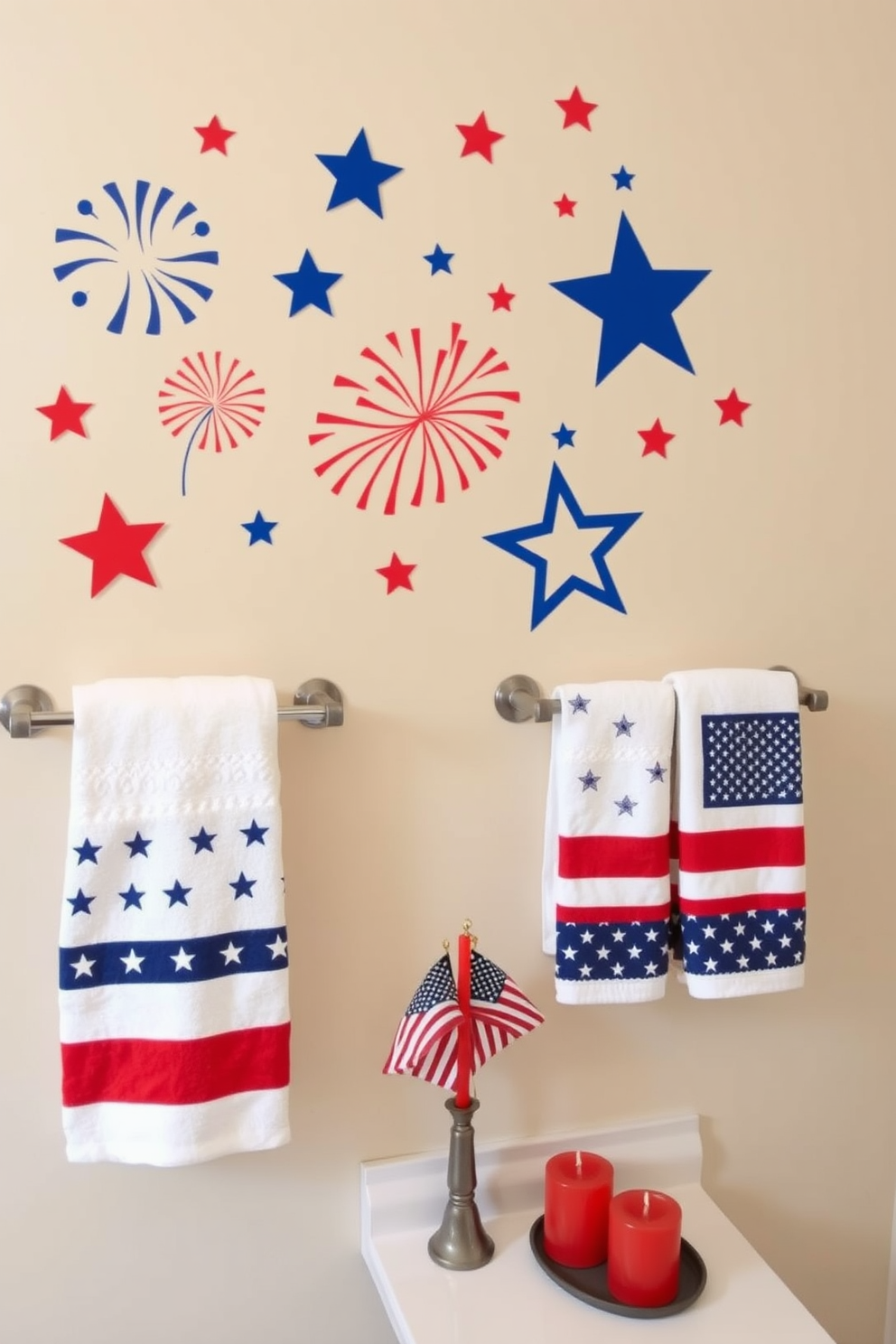 Independence Day themed wall decals showcasing stars and stripes in vibrant red white and blue colors are arranged creatively on a feature wall. The decals include iconic symbols such as fireworks and the American flag adding a festive touch to the space. For the Independence Day bathroom decorating ideas incorporate red white and blue towels with star patterns hanging neatly on towel racks. A small decorative arrangement of mini flags and candles in patriotic colors can be placed on the countertop for a celebratory ambiance.