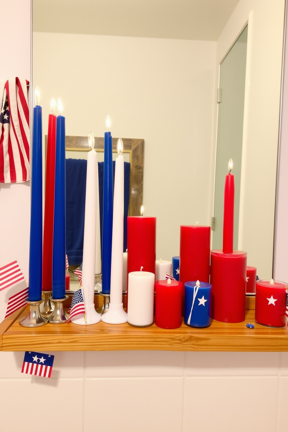 A vibrant bathroom setting featuring red white and blue colored candles arranged on a wooden shelf. The candles are complemented by festive decorations like small flags and star motifs, creating a patriotic atmosphere for Independence Day.