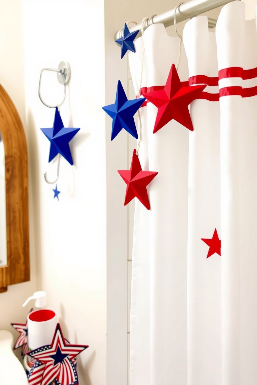 A festive bathroom setting featuring themed shower curtain hooks adorned with stars. The decor is inspired by Independence Day, incorporating red, white, and blue elements throughout the space.