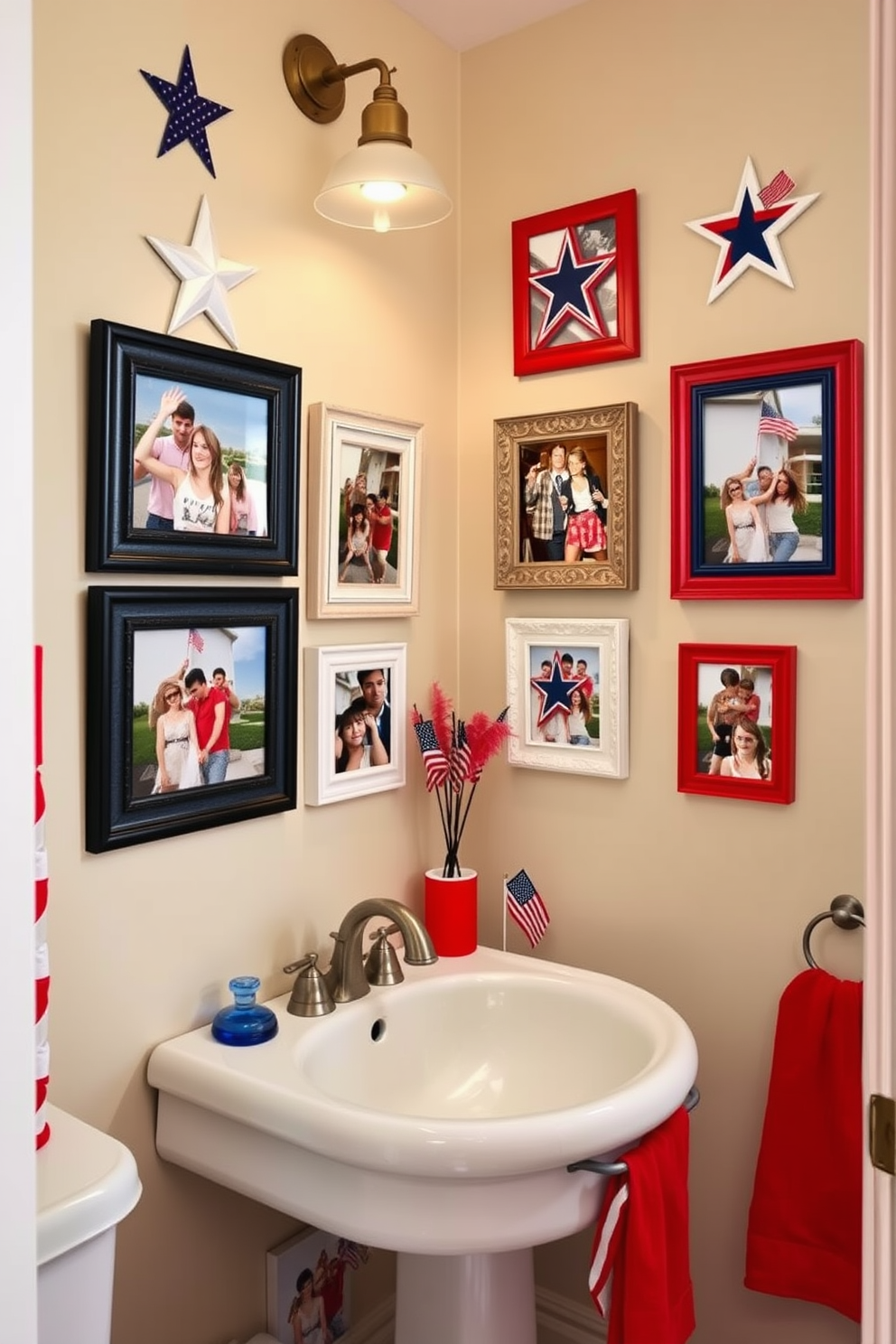 Create a festive bathroom setting adorned with patriotic picture frames that showcase memorable photos from Independence Day celebrations. The frames should be arranged artistically on the walls, complemented by red, white, and blue decor elements throughout the space.