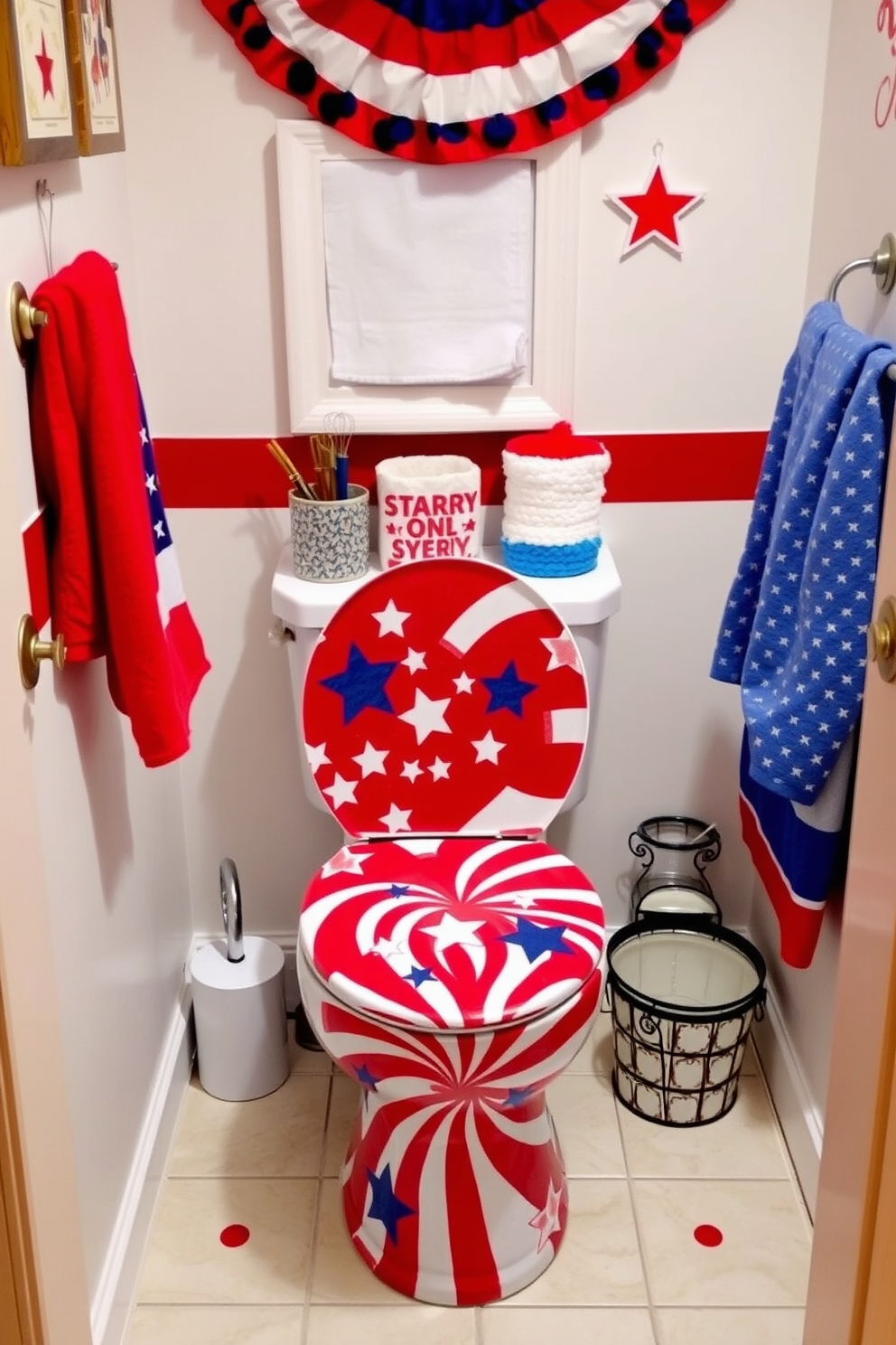 A festive Fourth of July themed bathroom featuring a vibrant toilet cover adorned with stars and stripes. The walls are decorated with red, white, and blue accents, complemented by patriotic-themed towels and accessories.