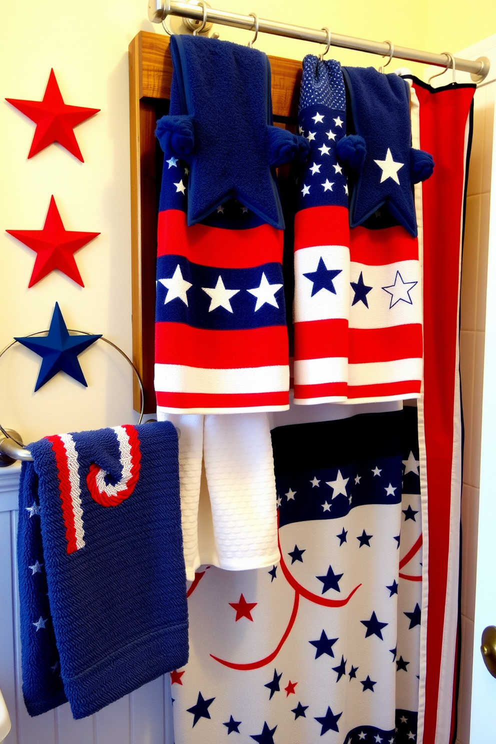 A festive bathroom setting celebrating Independence Day. Star-spangled towels and washcloths are neatly arranged on a wooden towel rack, adding a patriotic touch to the decor. The walls are adorned with red, white, and blue accents, creating a vibrant atmosphere. A decorative shower curtain featuring stars and stripes complements the overall theme, making the space feel festive and inviting.