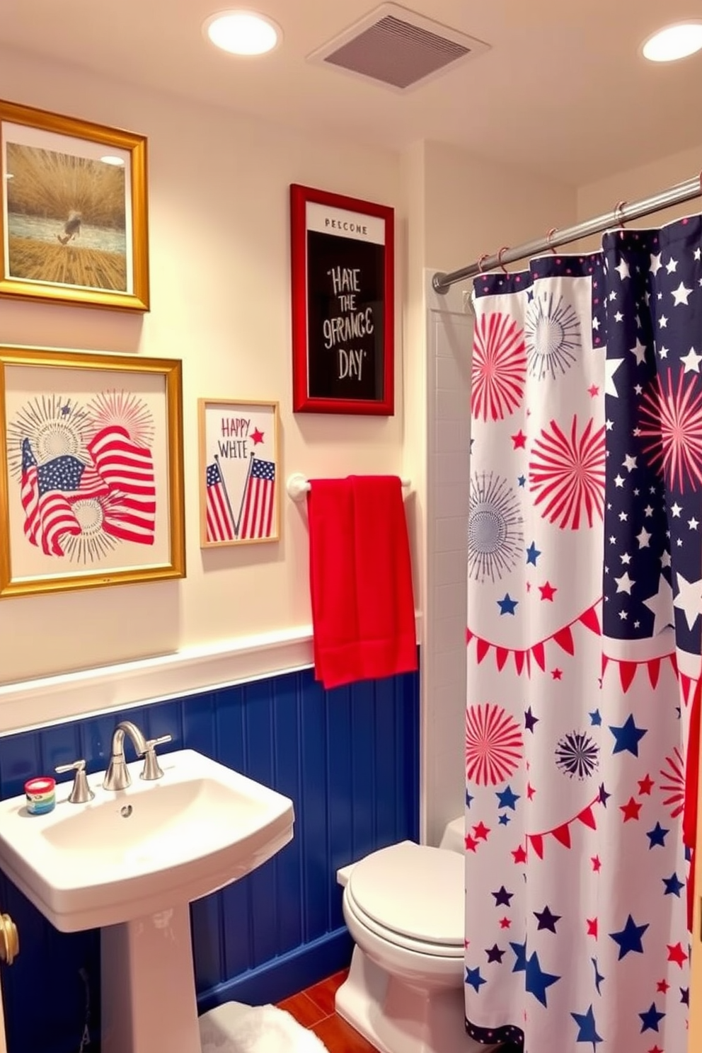 A vibrant bathroom featuring red white and blue themed artwork that celebrates Independence Day. The walls are adorned with framed prints of fireworks and flags while a decorative shower curtain showcases stars and stripes.